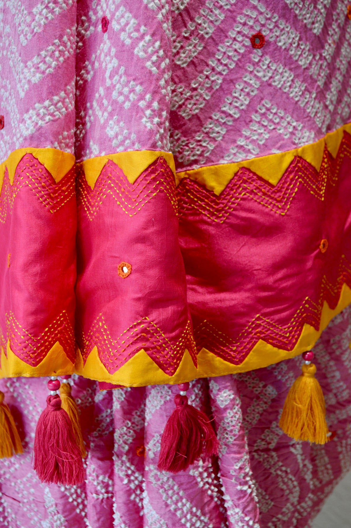 PINK CHEVRON SILK BANDHANI EMBROIDERED SAREE WITH MIRROR WORK AND APPLIQUE