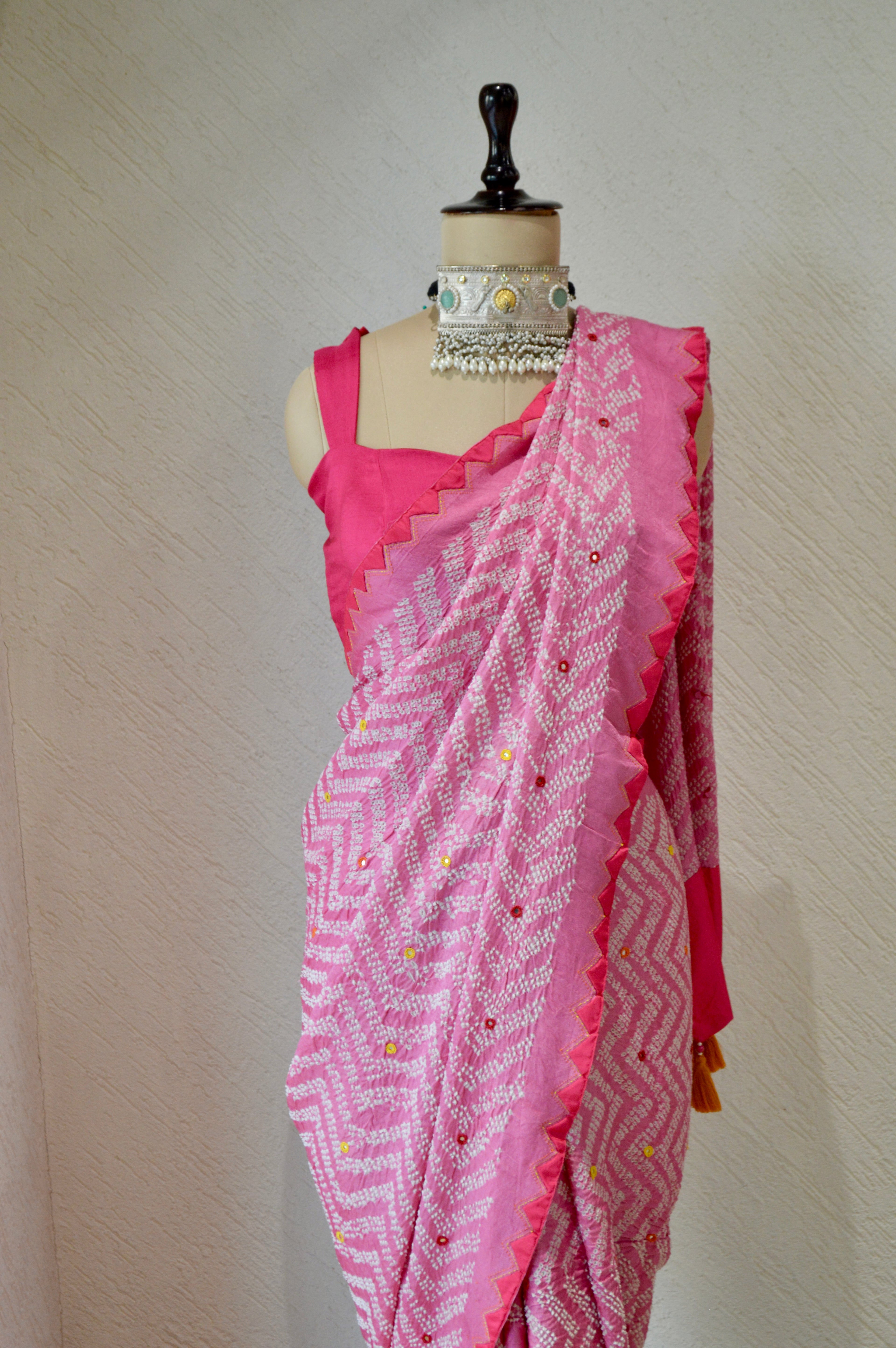 PINK CHEVRON SILK BANDHANI EMBROIDERED SAREE WITH MIRROR WORK AND APPLIQUE