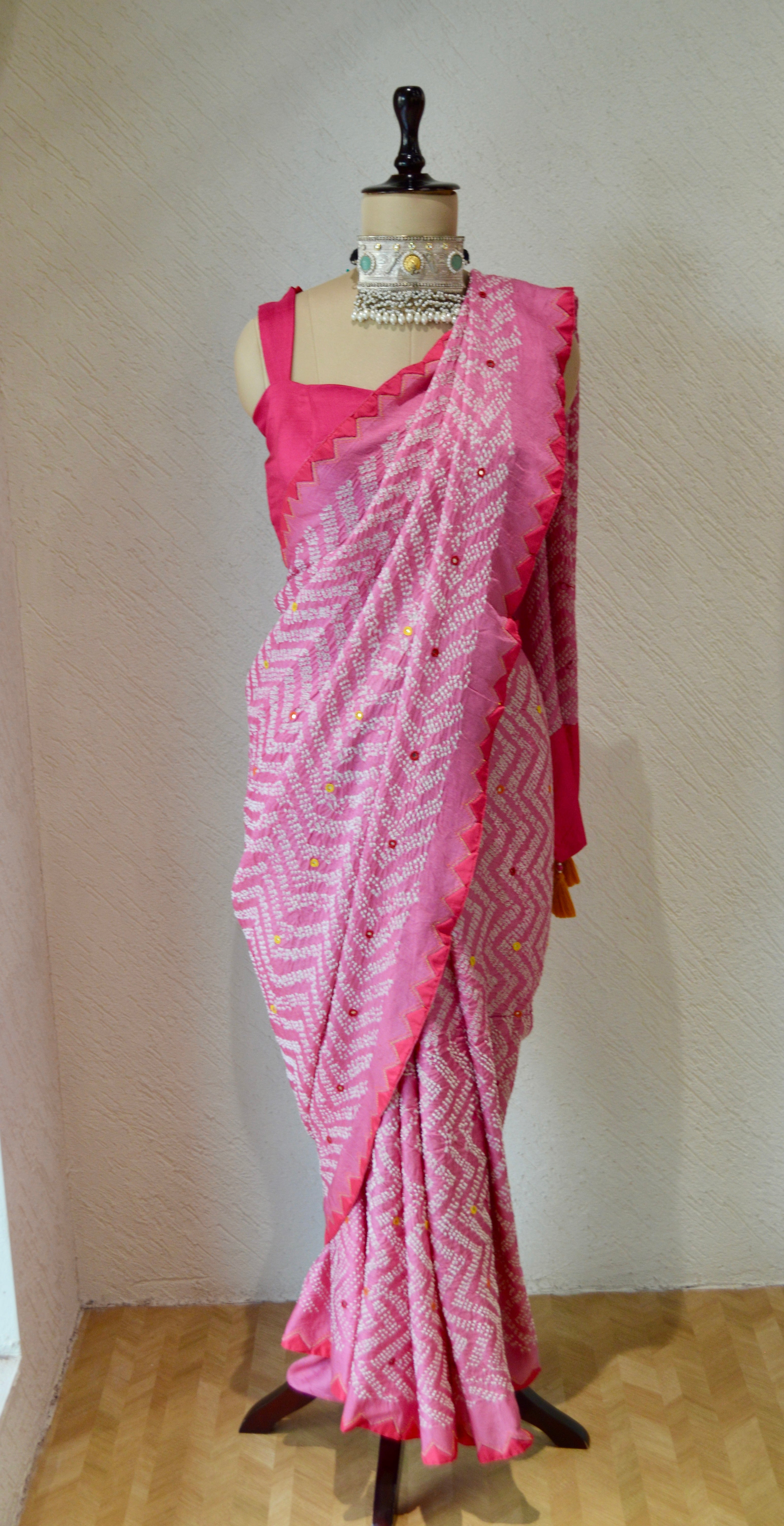 PINK CHEVRON SILK BANDHANI EMBROIDERED SAREE WITH MIRROR WORK AND APPLIQUE