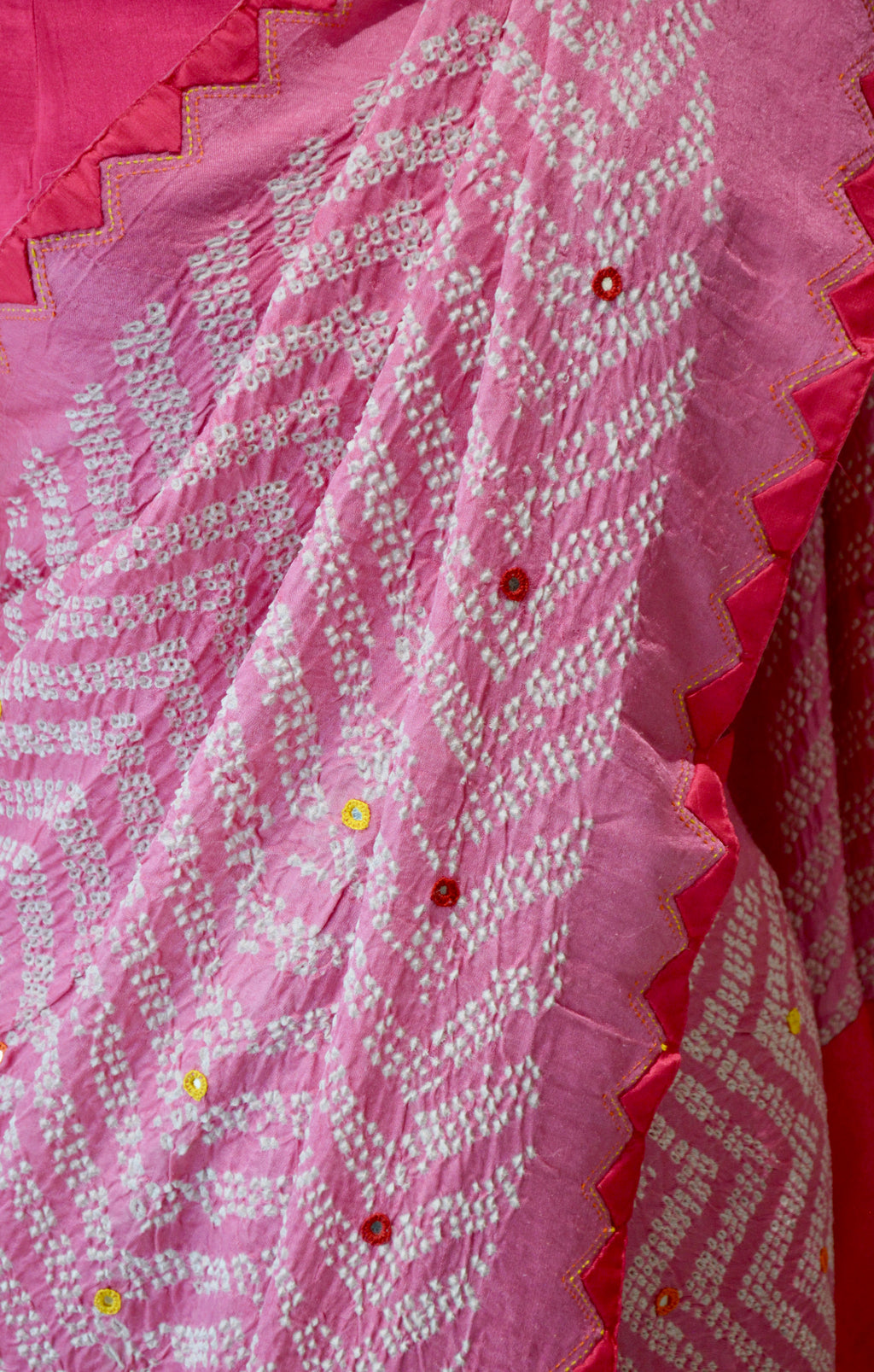 PINK CHEVRON SILK BANDHANI EMBROIDERED SAREE WITH MIRROR WORK AND APPLIQUE