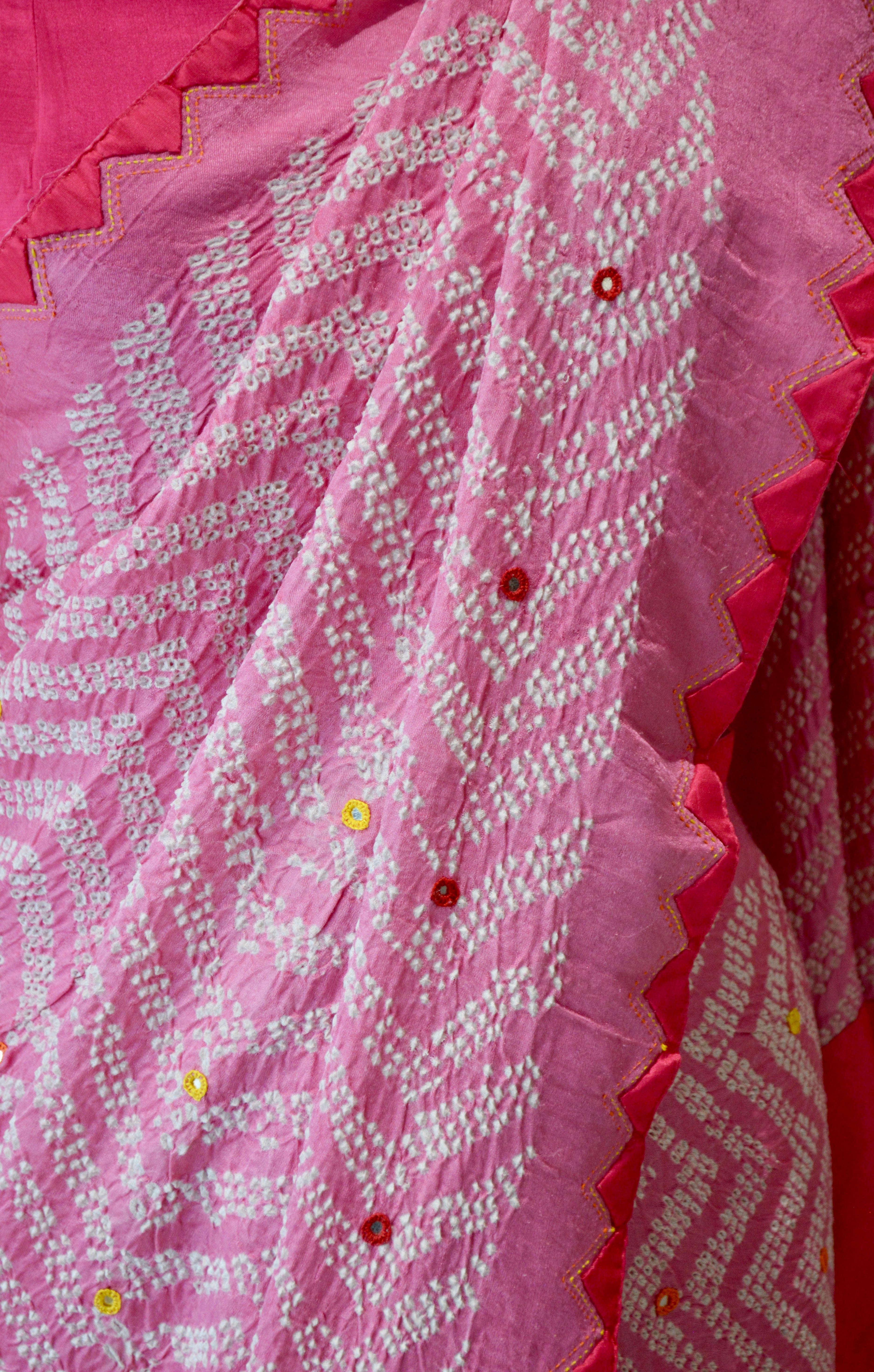 PINK CHEVRON SILK BANDHANI EMBROIDERED SAREE WITH MIRROR WORK AND APPLIQUE