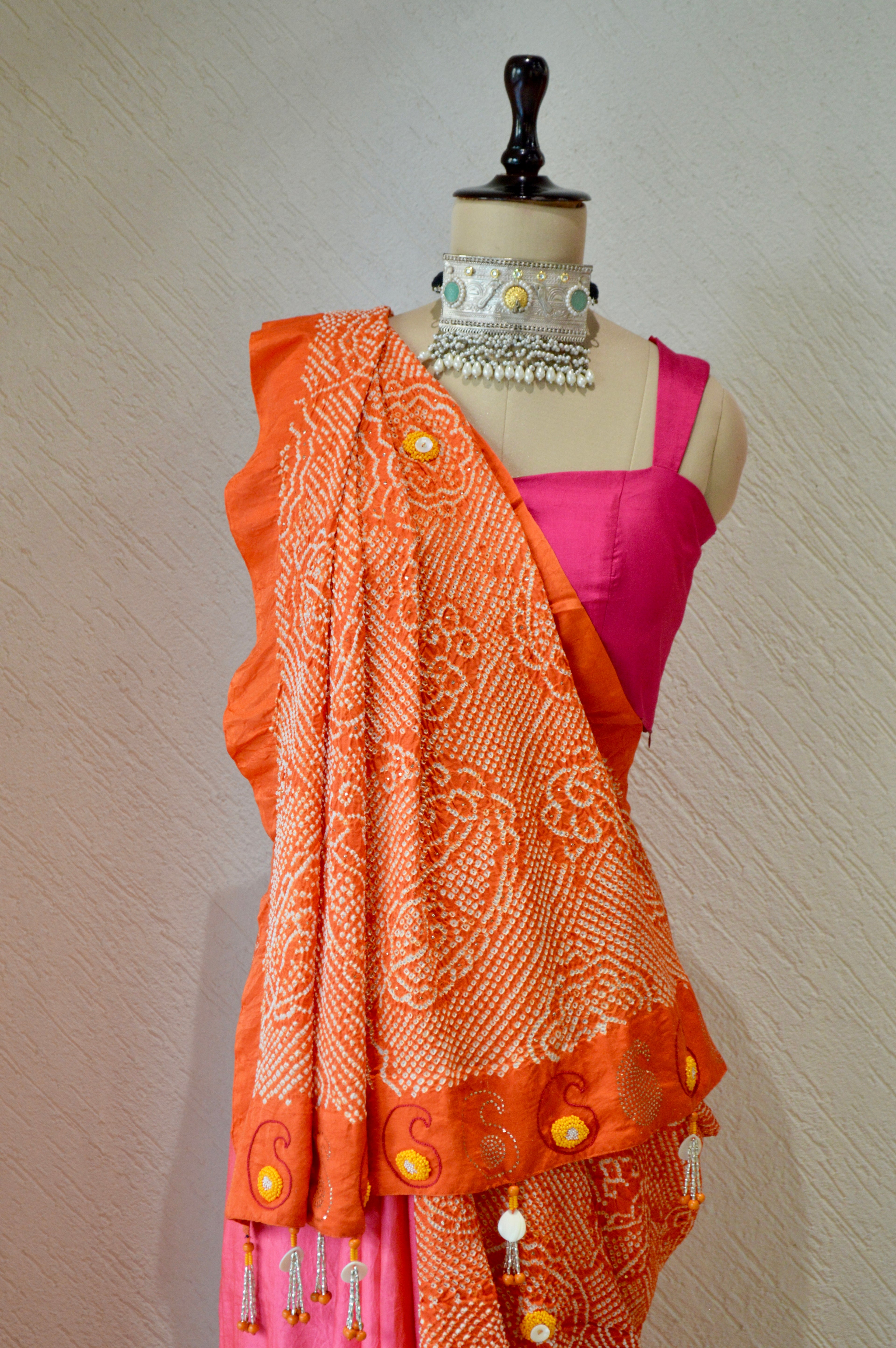 PINK-ORANGE YIN-YANG HALF FULL HALF EMPTY PAISLEY BANDHANI EMBROIDERED SILK SAREE WITH MUKAISH WORK