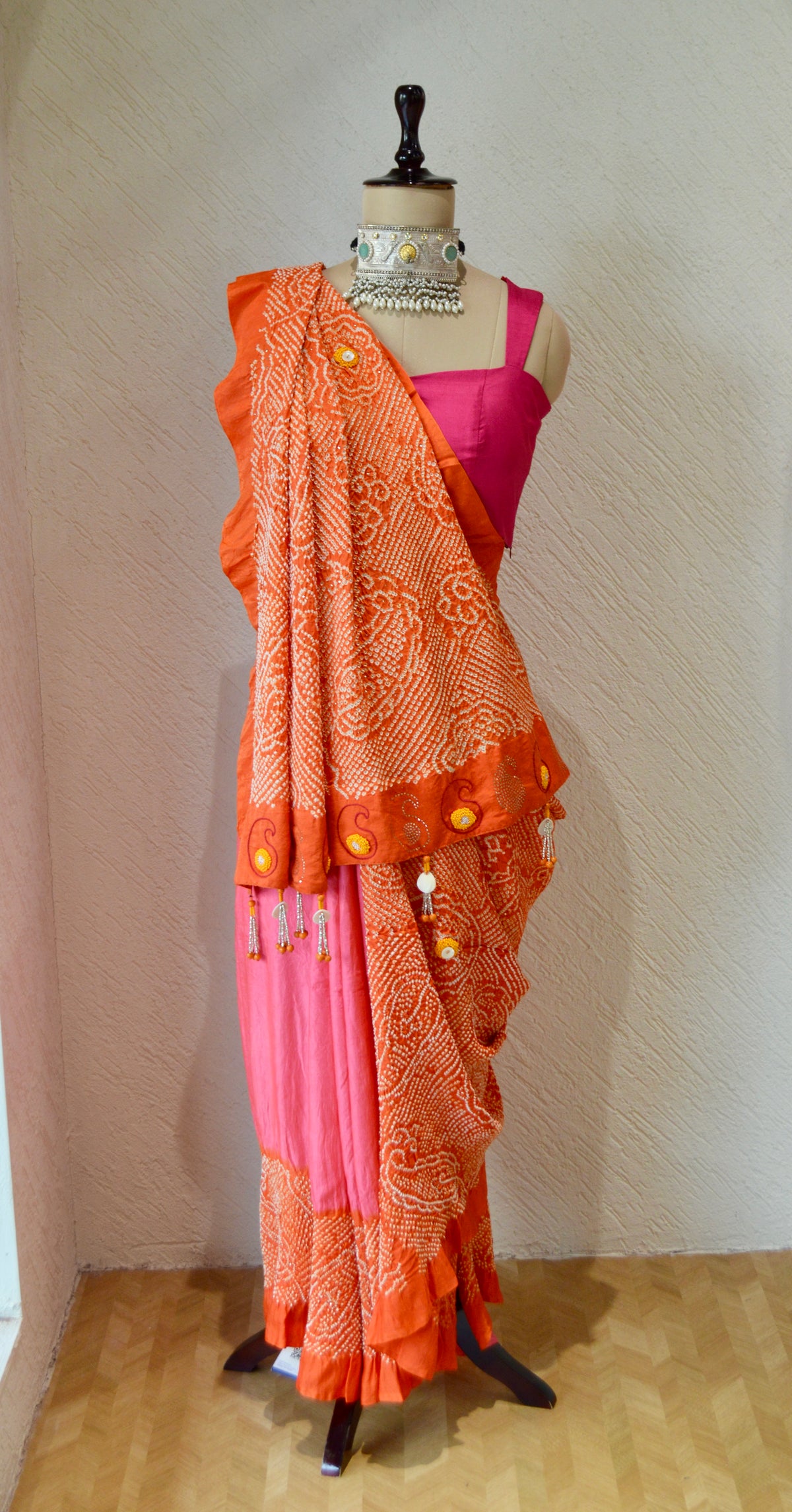 PINK-ORANGE YIN-YANG HALF FULL HALF EMPTY PAISLEY BANDHANI EMBROIDERED SILK SAREE WITH MUKAISH WORK