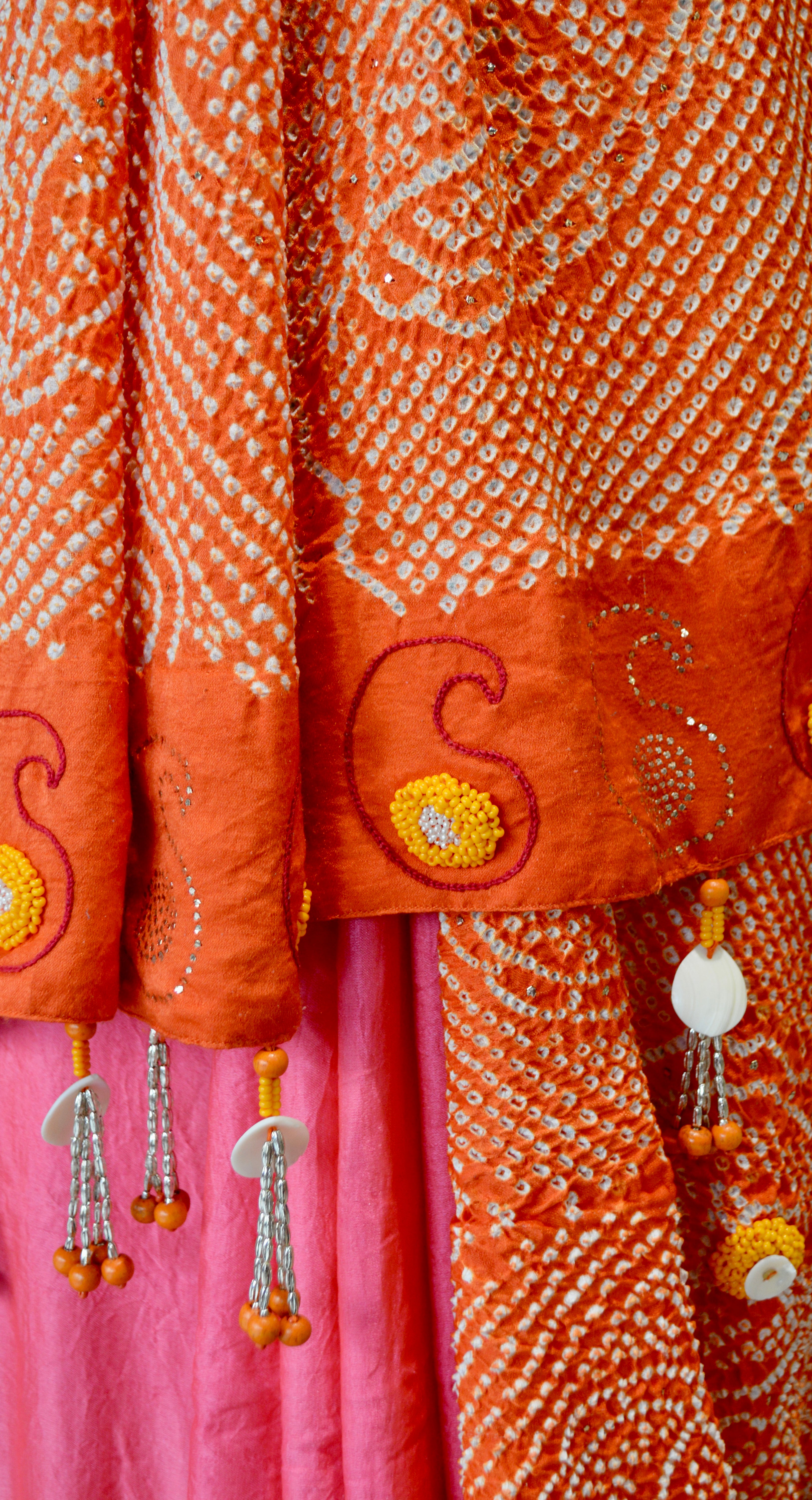 PINK-ORANGE YIN-YANG HALF FULL HALF EMPTY PAISLEY BANDHANI EMBROIDERED SILK SAREE WITH MUKAISH WORK