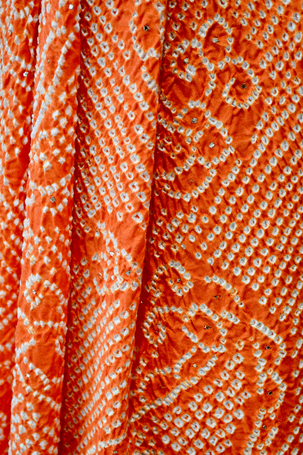 PINK-ORANGE YIN-YANG HALF FULL HALF EMPTY PAISLEY BANDHANI EMBROIDERED SILK SAREE WITH MUKAISH WORK