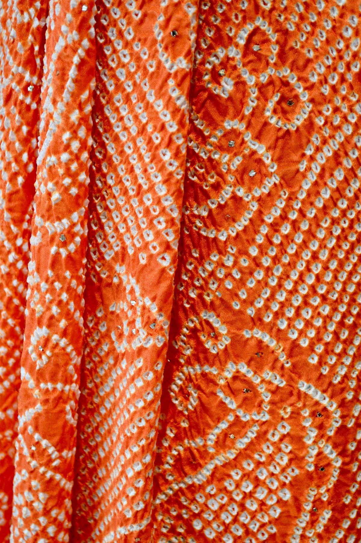 PINK-ORANGE YIN-YANG HALF FULL HALF EMPTY PAISLEY BANDHANI EMBROIDERED SILK SAREE WITH MUKAISH WORK