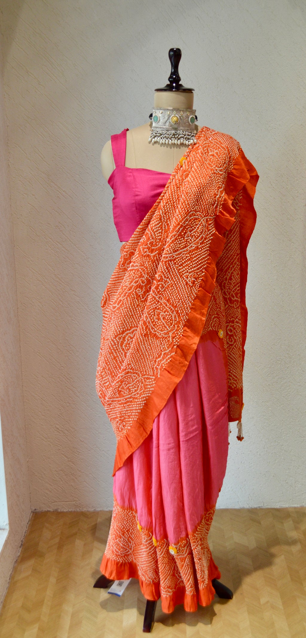 PINK-ORANGE YIN-YANG HALF FULL HALF EMPTY PAISLEY BANDHANI EMBROIDERED SILK SAREE WITH MUKAISH WORK