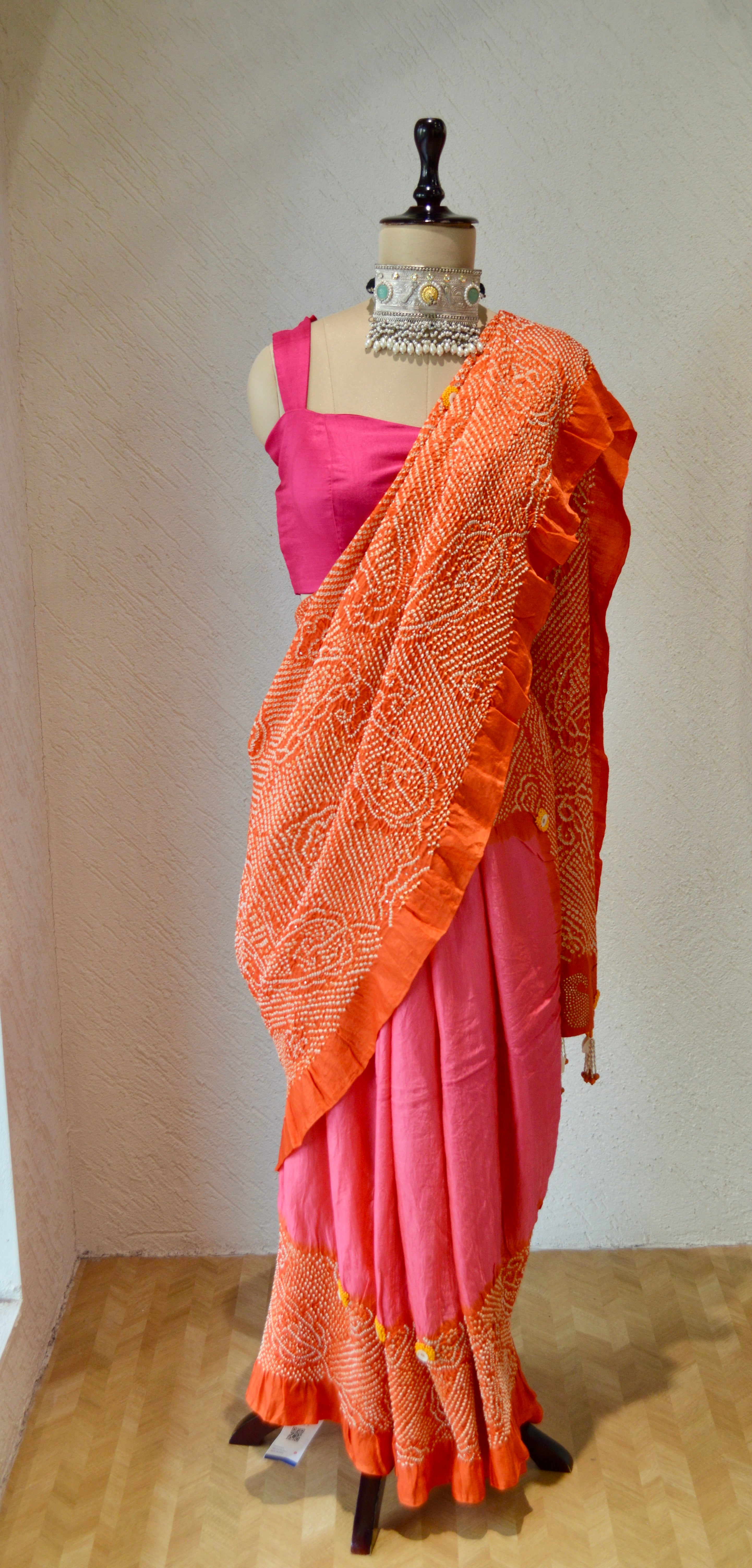 PINK-ORANGE YIN-YANG HALF FULL HALF EMPTY PAISLEY BANDHANI EMBROIDERED SILK SAREE WITH MUKAISH WORK