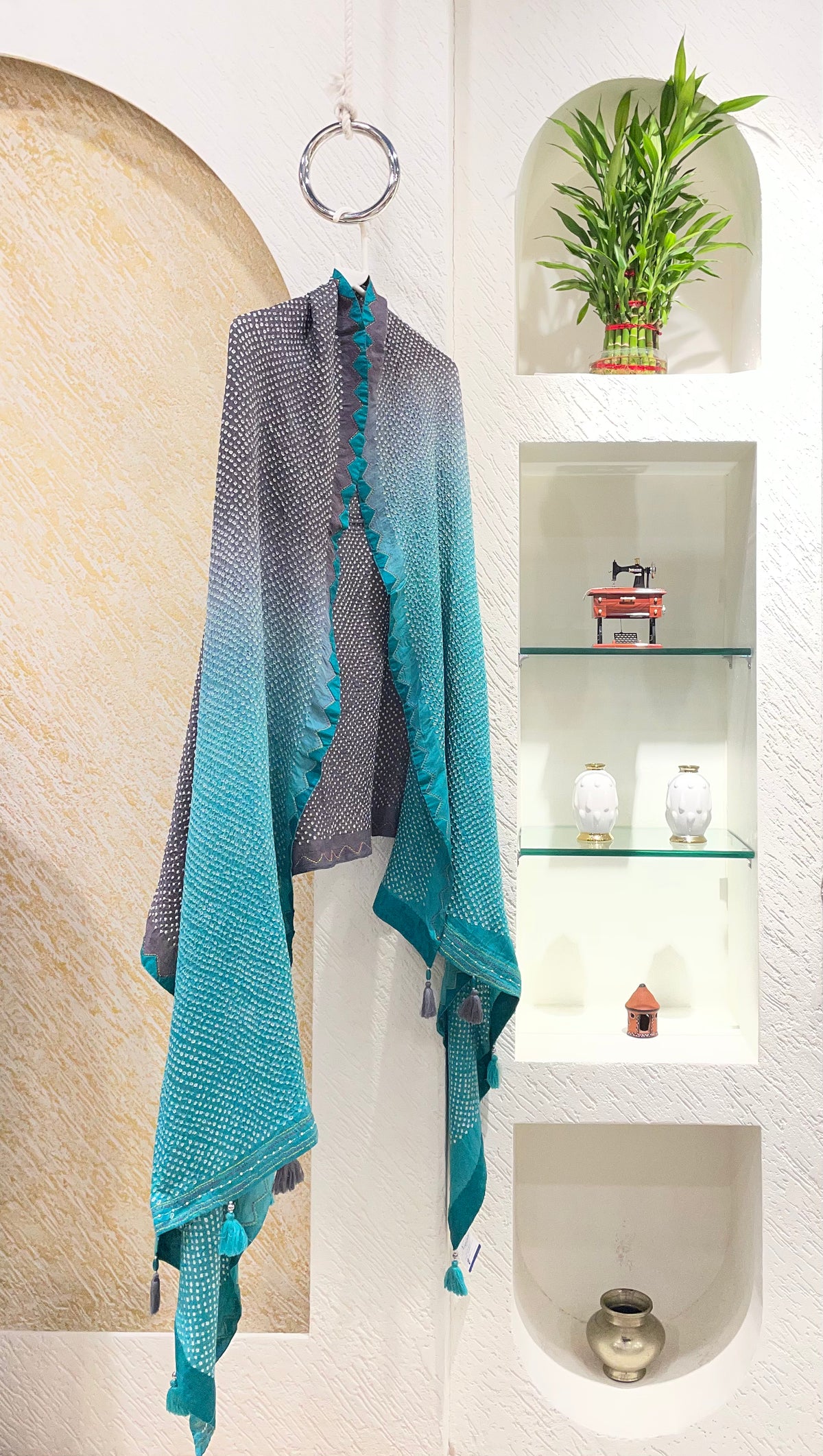 BLUE-GREY ETERNAL DOT SILK BANDHANI EMBROIDERED DUPATTA