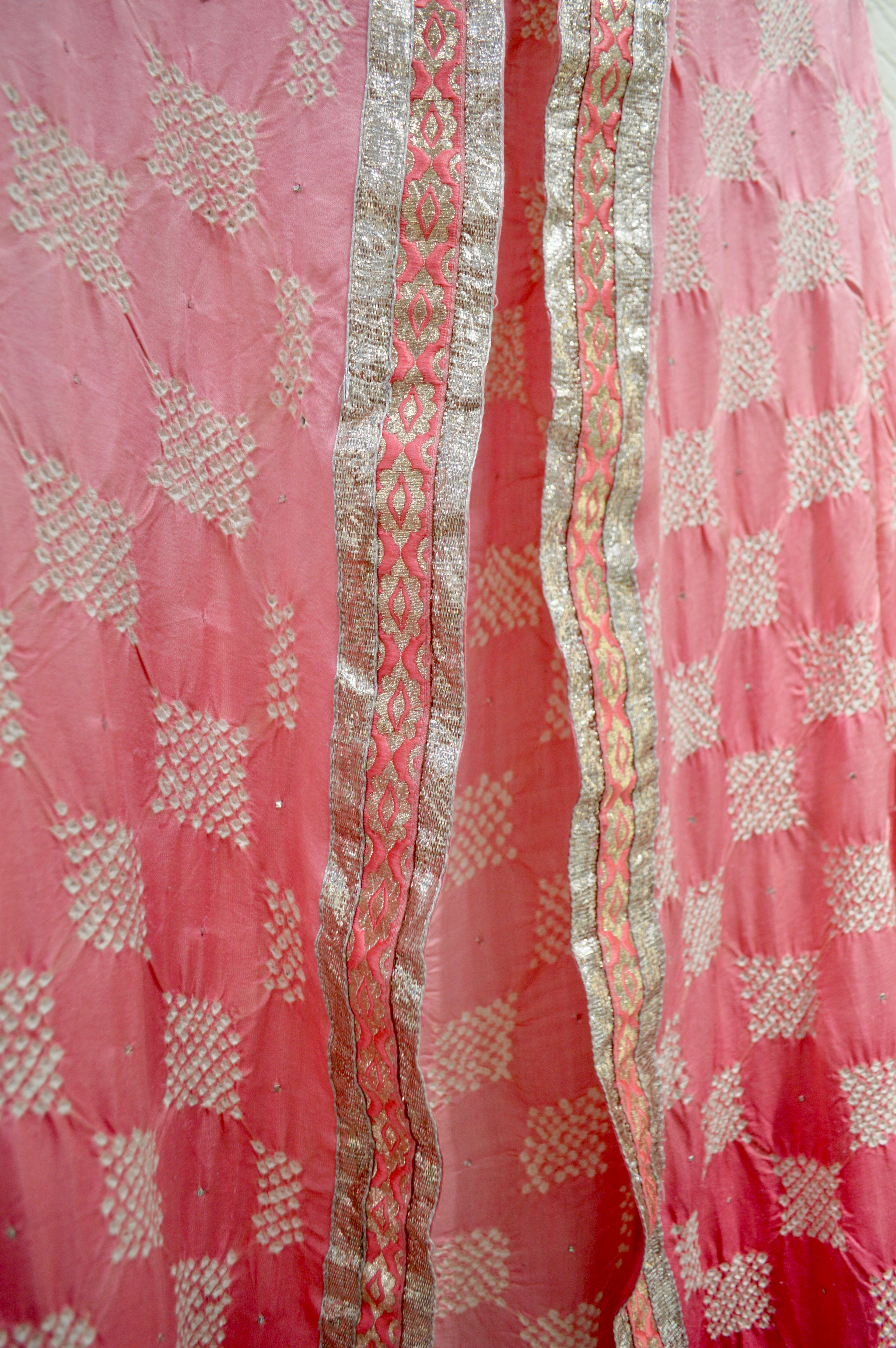 PINK SQUARE GEOMETRIC BANDHANI SILK DUPATTA WITH BORDER AND MUKAISH WORK