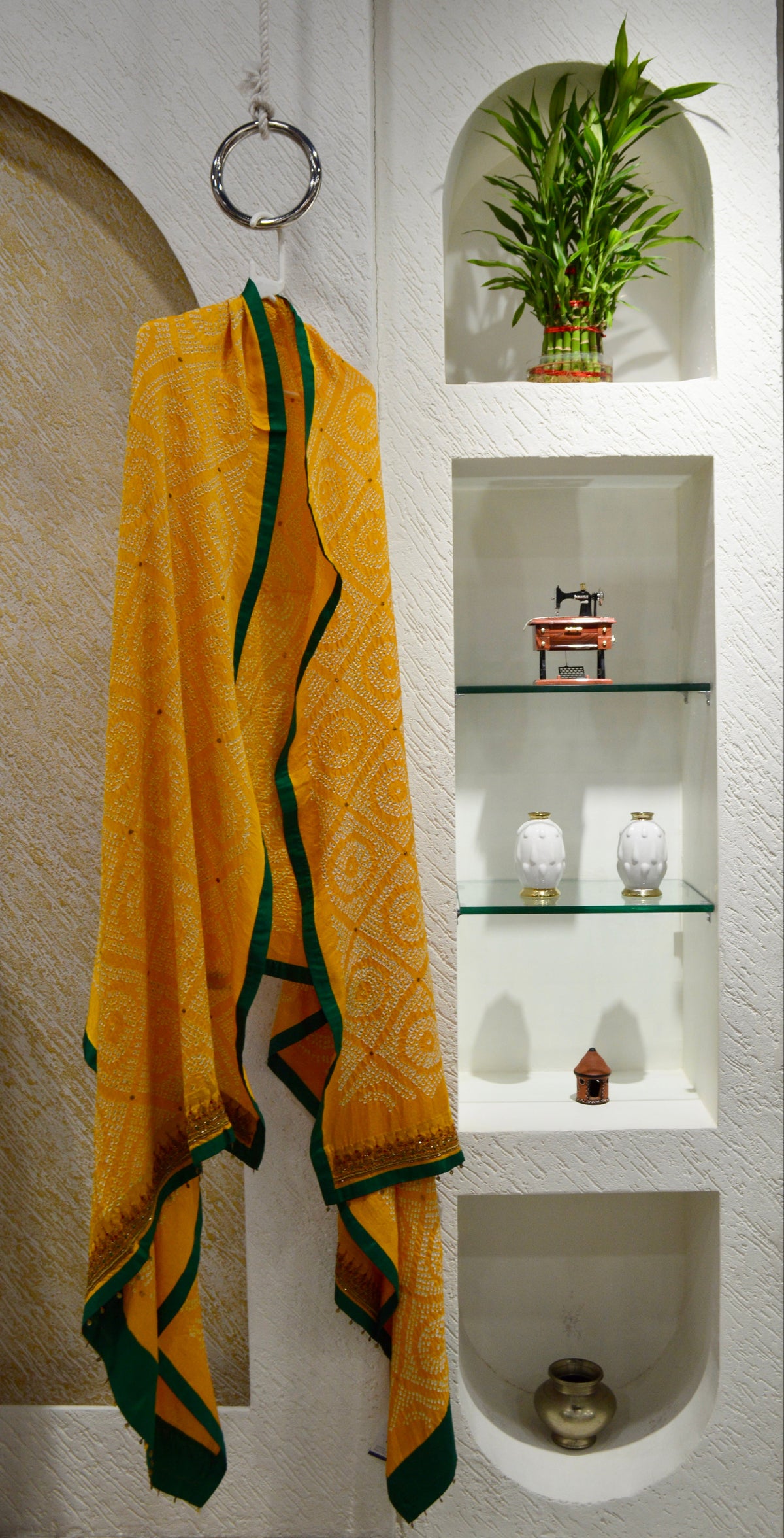 YELLOW DIAMOND SILK BANDHANI EMBROIDERED DUPATTA WITH SILK BORDER