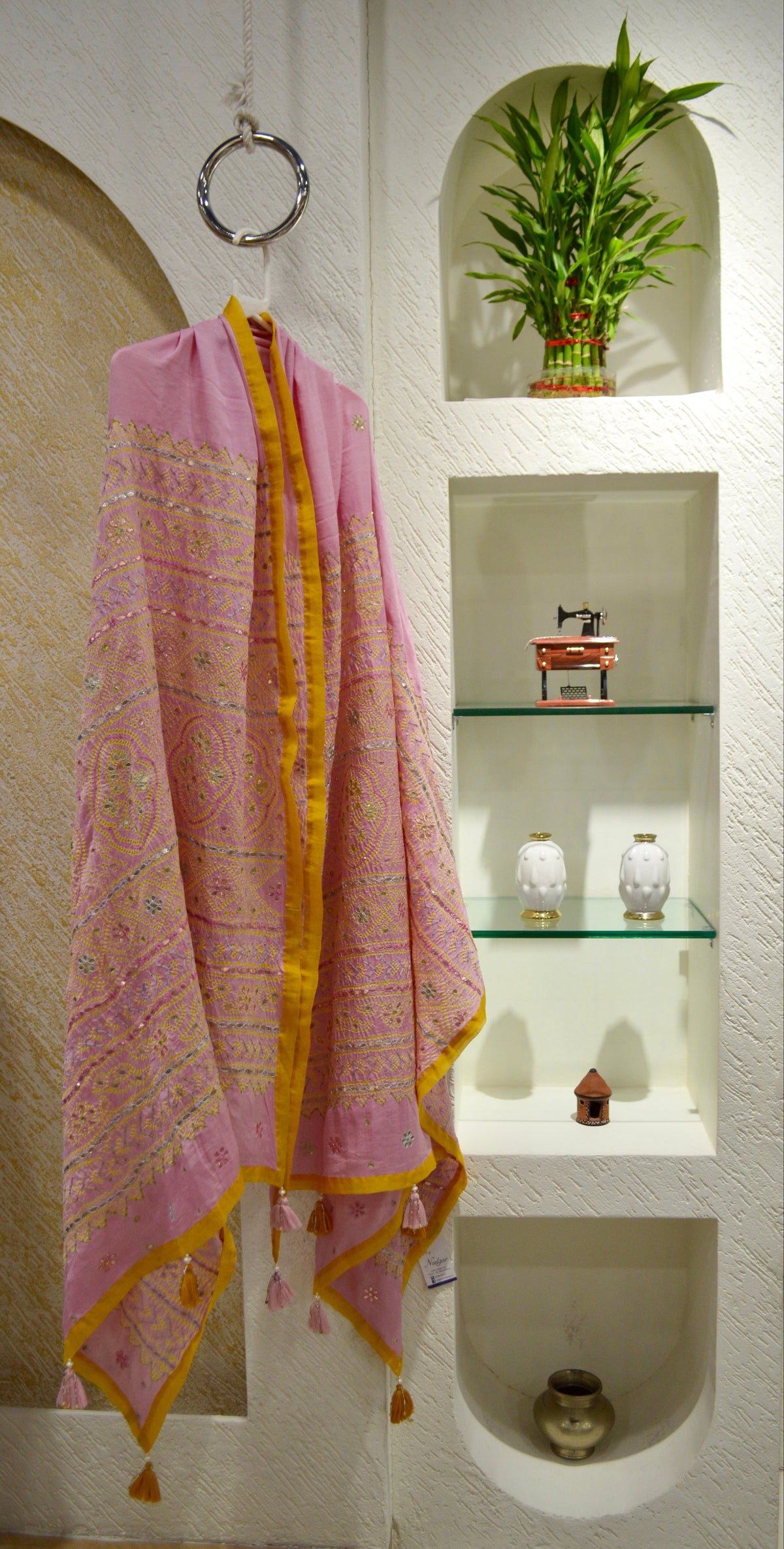 PINK-ORANGE YIN-YANG HALF FULL HALF EMPTY BANDHANI SILK EMBROIDERED DUPATTA