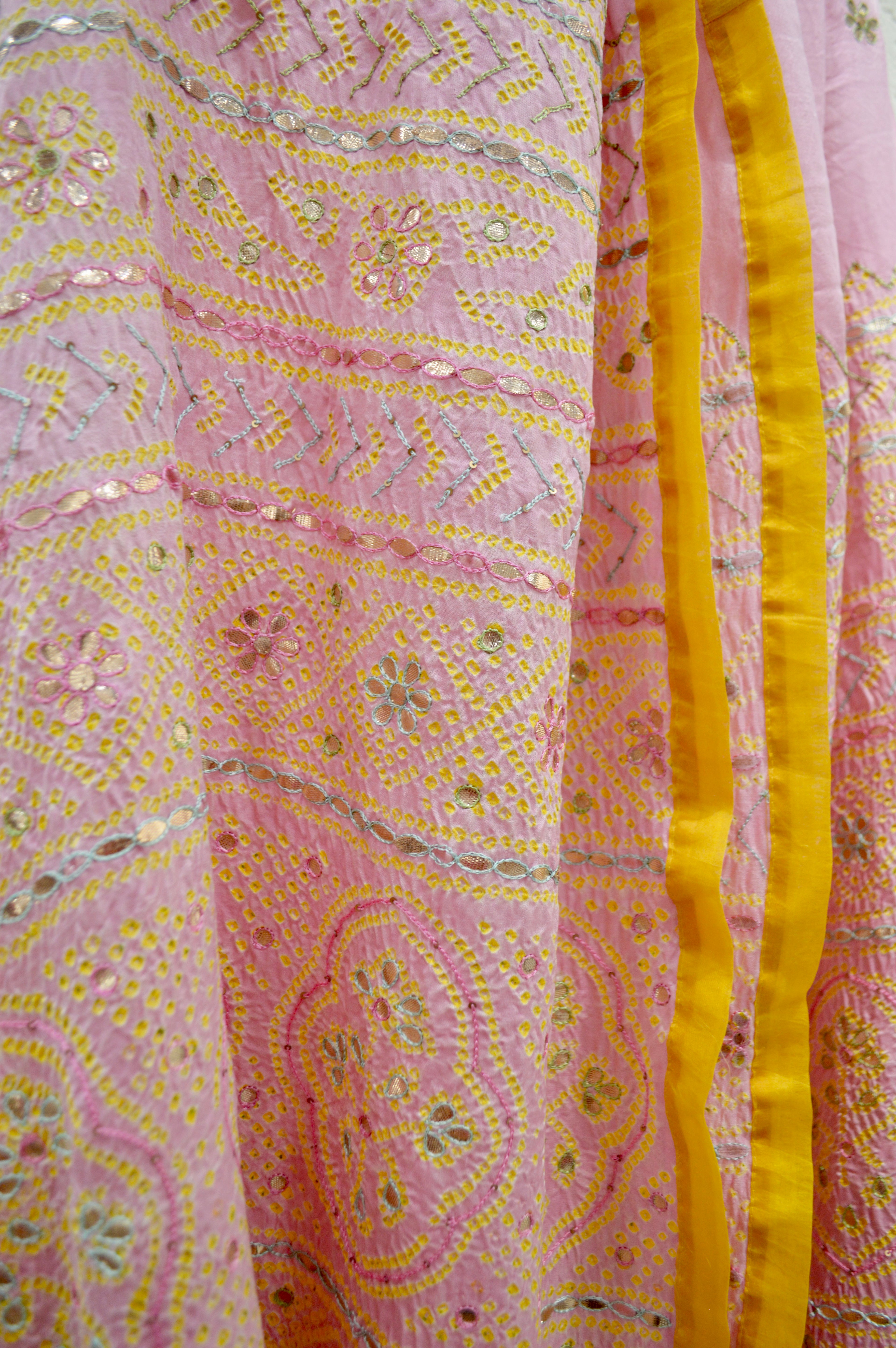 PINK-ORANGE YIN-YANG HALF FULL HALF EMPTY BANDHANI SILK EMBROIDERED DUPATTA