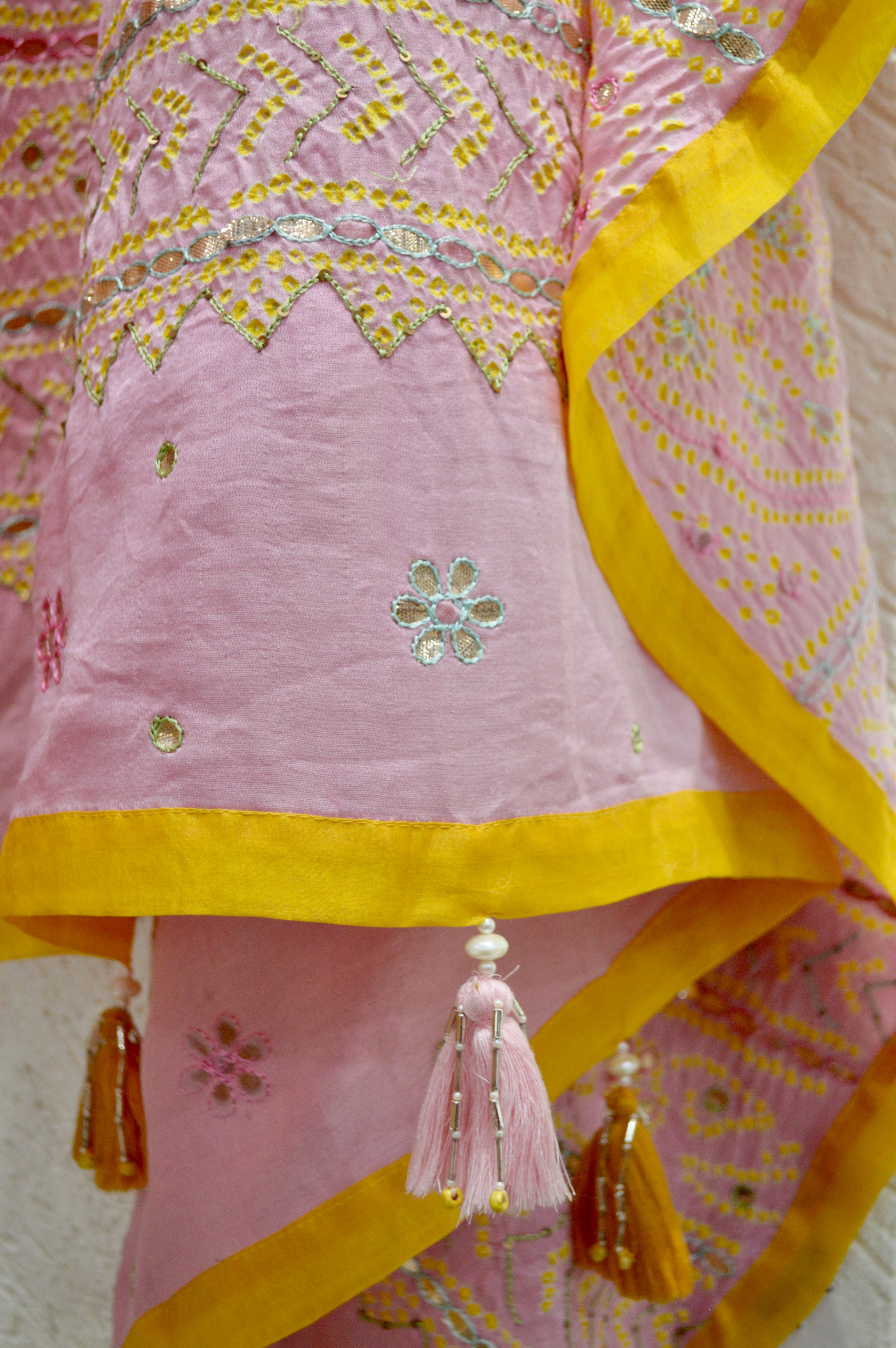 PINK-ORANGE YIN-YANG HALF FULL HALF EMPTY BANDHANI SILK EMBROIDERED DUPATTA