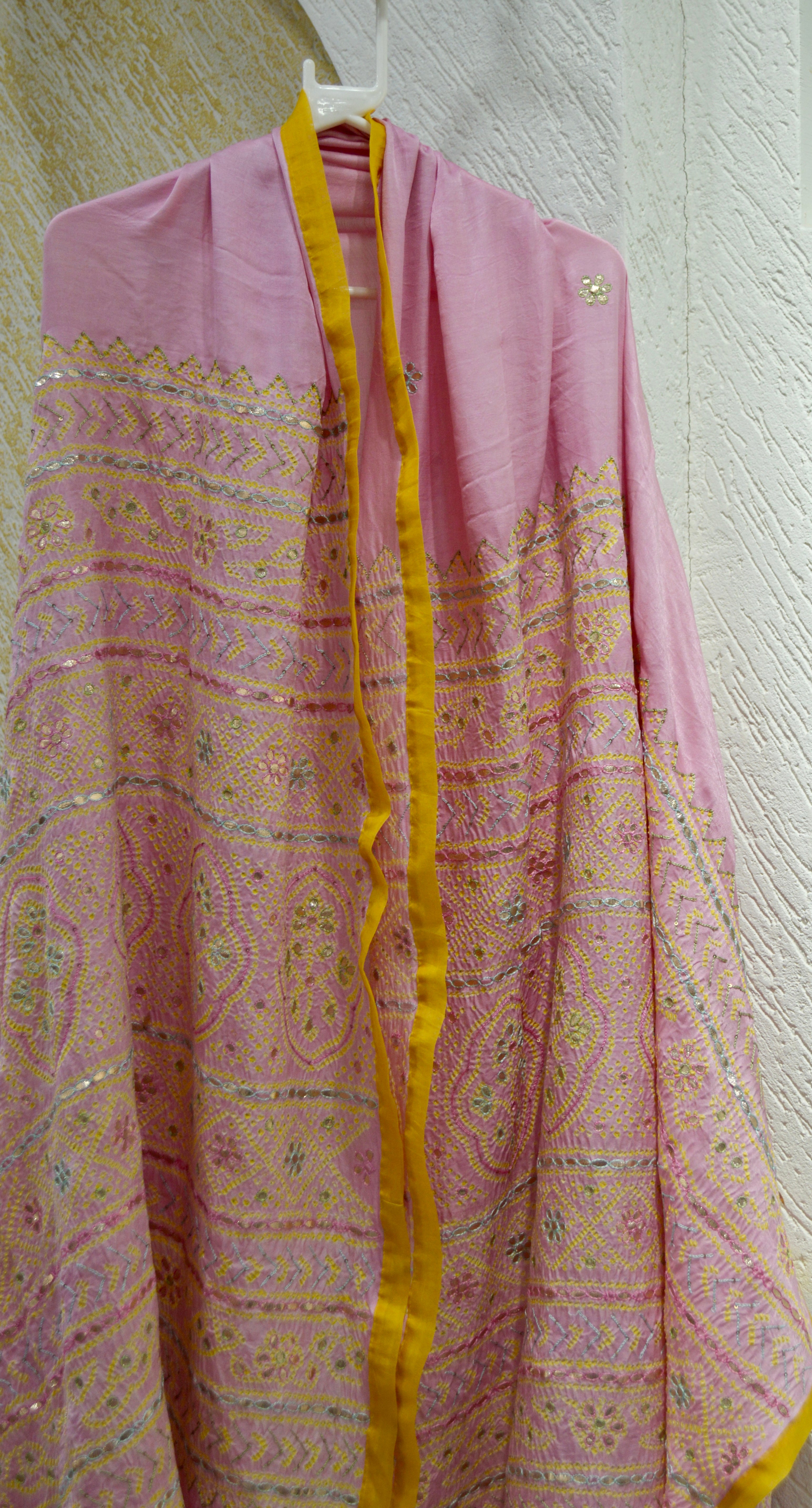 PINK-ORANGE YIN-YANG HALF FULL HALF EMPTY BANDHANI SILK EMBROIDERED DUPATTA
