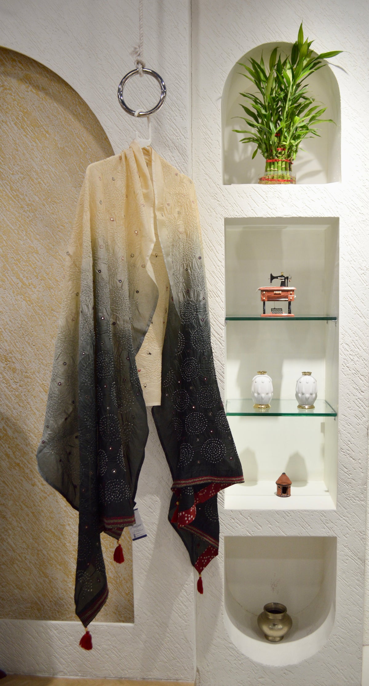 BLACK - BEIGE CIRCLE OF THE LIFE BANDHANI SILK EMBROIDERED DUPATTA WITH MIRROR WORK