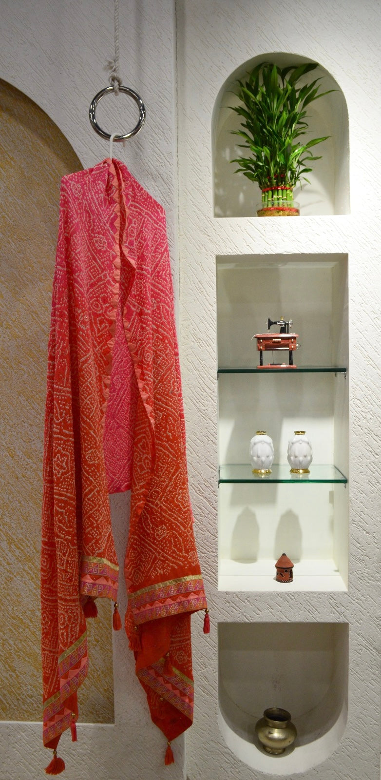 PEACH - ORANGE CLASSIC TRADITIONAL BANDHANI DUPATTA WITH MUKAISH WORK, APPLIQUE AND SILK BORDER