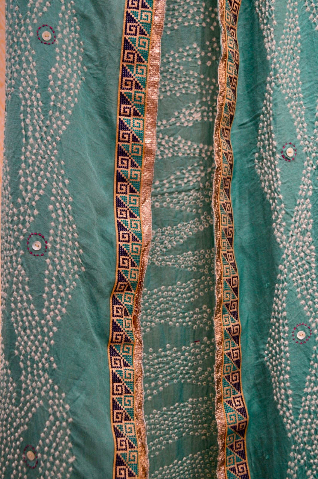 LIGHT BLUE GEOMETERY BANDHANI EMBROIDERED DUPATTA WITH BORDER AND TASSELS