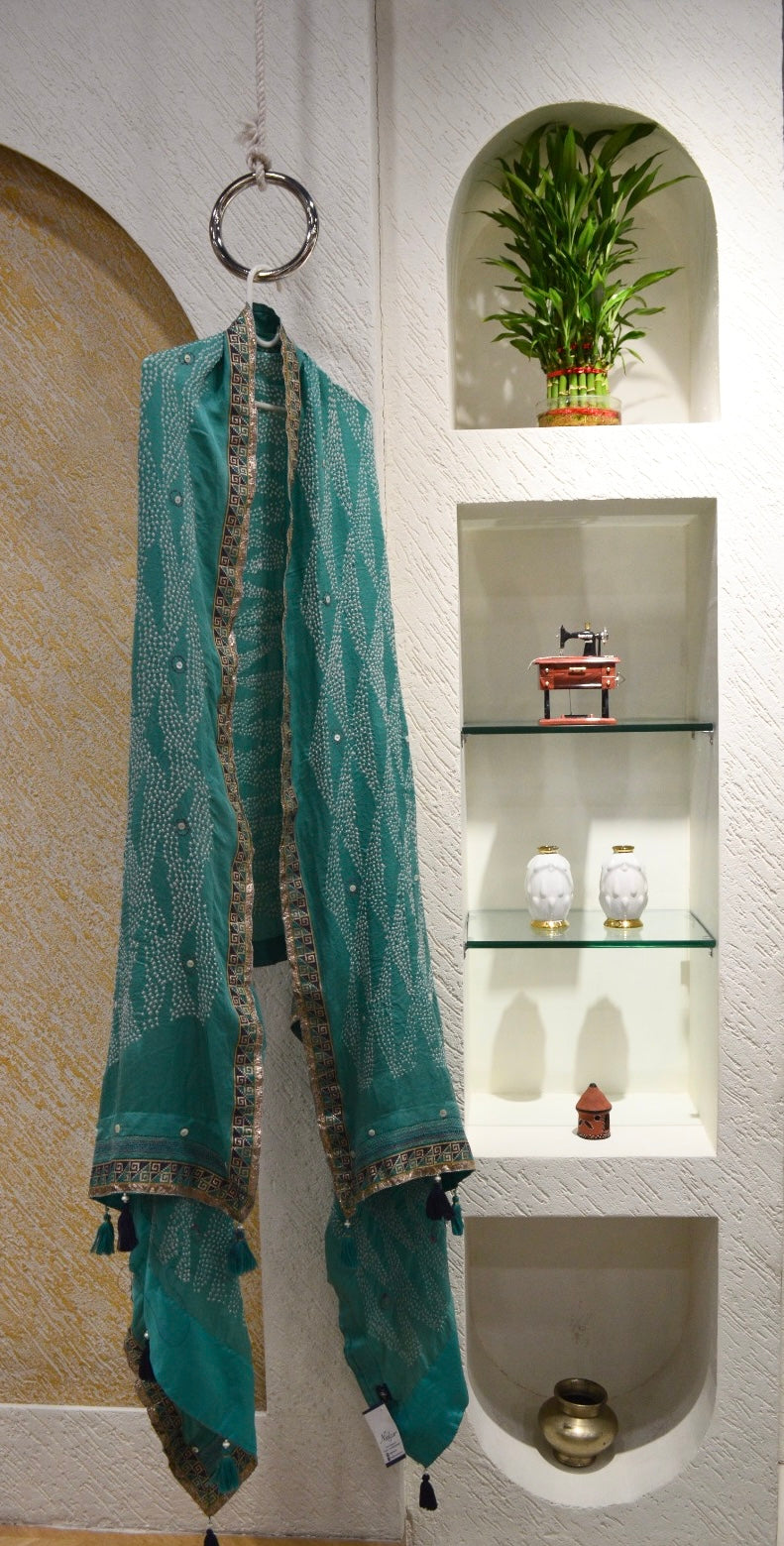 LIGHT BLUE GEOMETERY BANDHANI EMBROIDERED DUPATTA WITH BORDER AND TASSELS