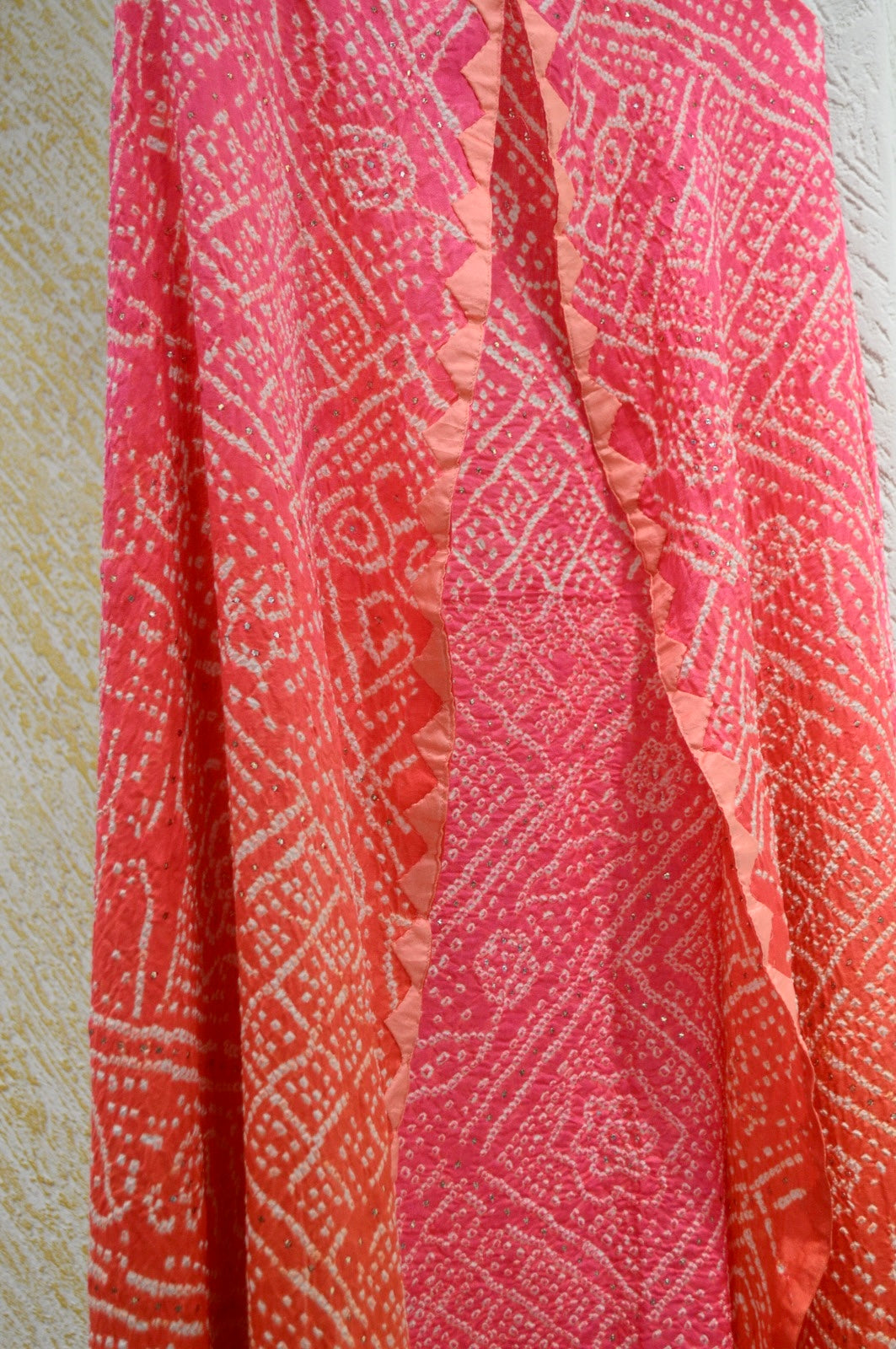 PEACH - ORANGE CLASSIC TRADITIONAL BANDHANI DUPATTA WITH MUKAISH WORK, APPLIQUE AND SILK BORDER