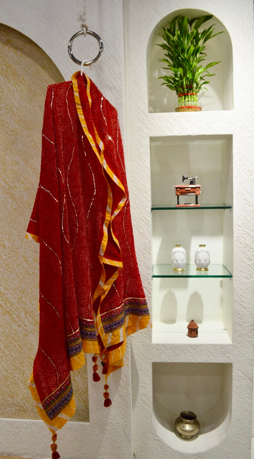 RED ETERNAL DOT BANDHANI SILK DUPATTA WITH KUTCH BORDER AND SEQUIN WORK