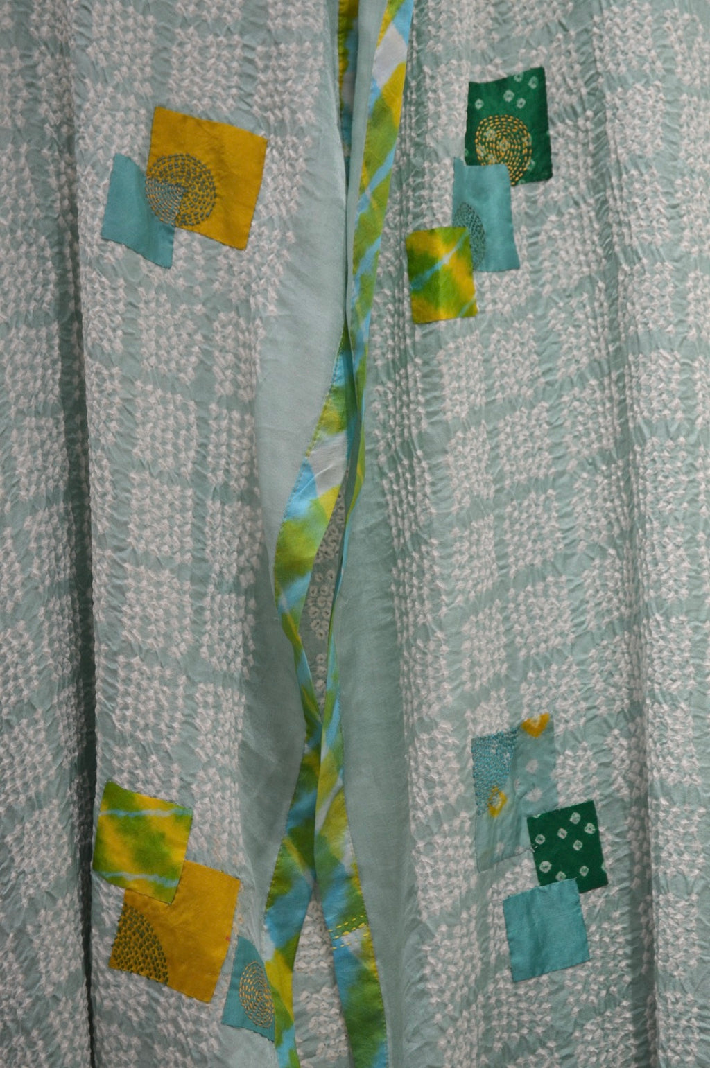 LIGHT BLUE SQUARE SILK BANDHANI EMBROIDERED DUPATTA WITH PATCHWORK AND LEHERIYA BORDER