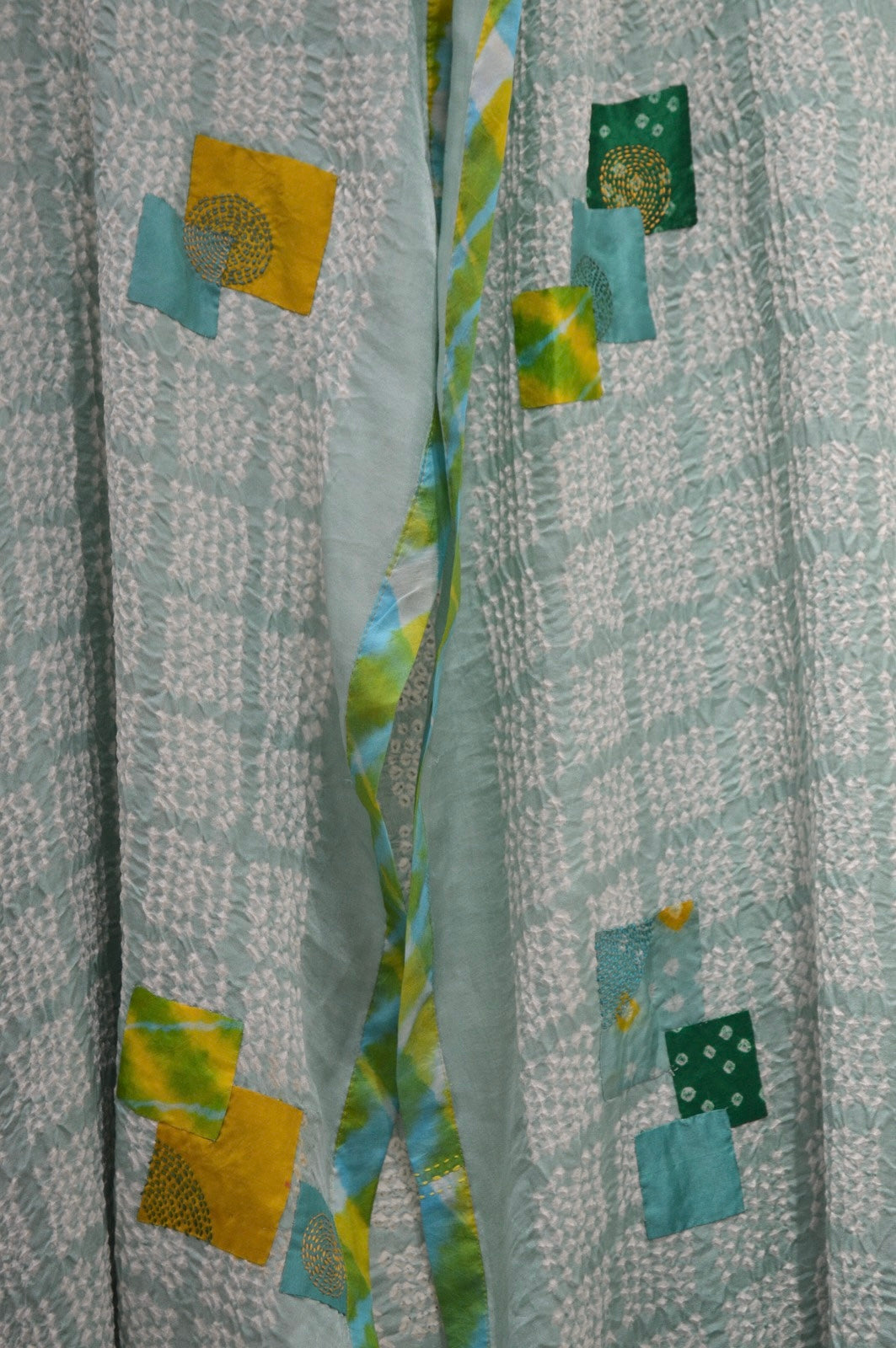 LIGHT BLUE SQUARE SILK BANDHANI EMBROIDERED DUPATTA WITH PATCHWORK AND LEHERIYA BORDER