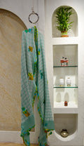 LIGHT BLUE SQUARE SILK BANDHANI EMBROIDERED DUPATTA WITH PATCHWORK AND LEHERIYA BORDER