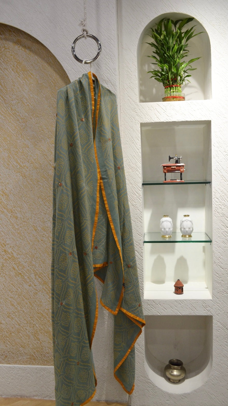 LIGHT GREEN SQUARE SILK BANDHANI DUPATTA WITH MAARODI WORK
