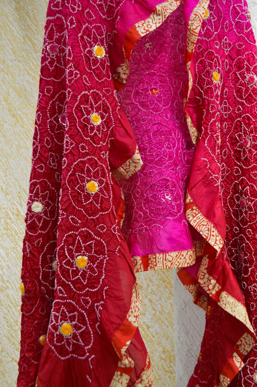 RED-PINK CIRCLE OF THE LIFE EMBROIDERED SILK BANDHANI WITH SILK BORDER