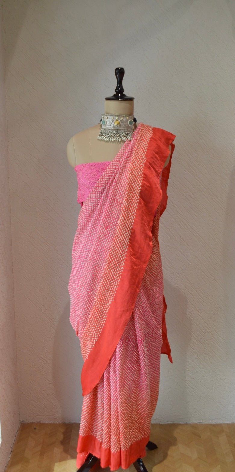 PINK - ORANGE ETERNAL DOT SILK BANDHANI SAREE
