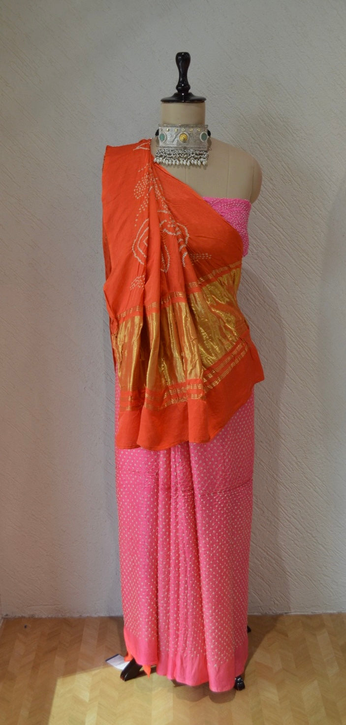 PINK-ORANGE ETERNAL DOT PAISLEY SILK BANDHANI SAREE