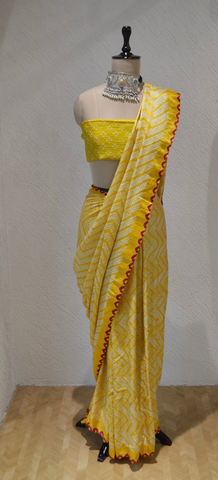 YELLOW O3 CHEVRON SILK BANDHANI SAREE