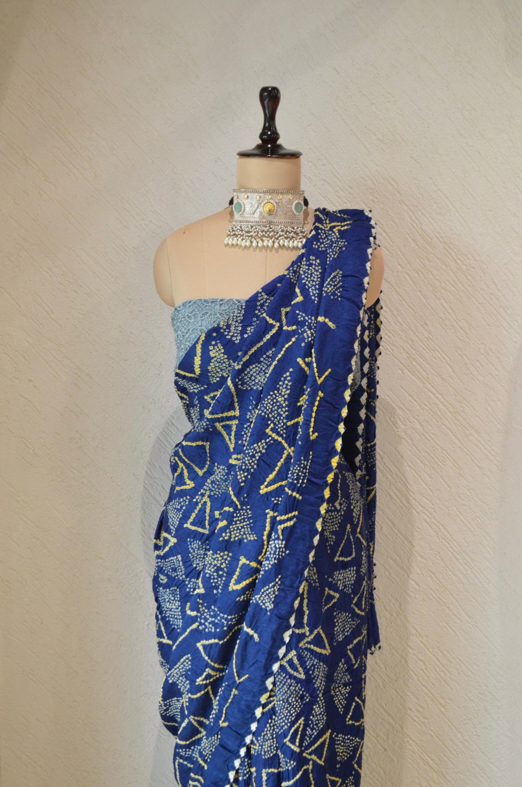 INDIGO BLUE GEOMETRIC SILK BANDHANI SAREE