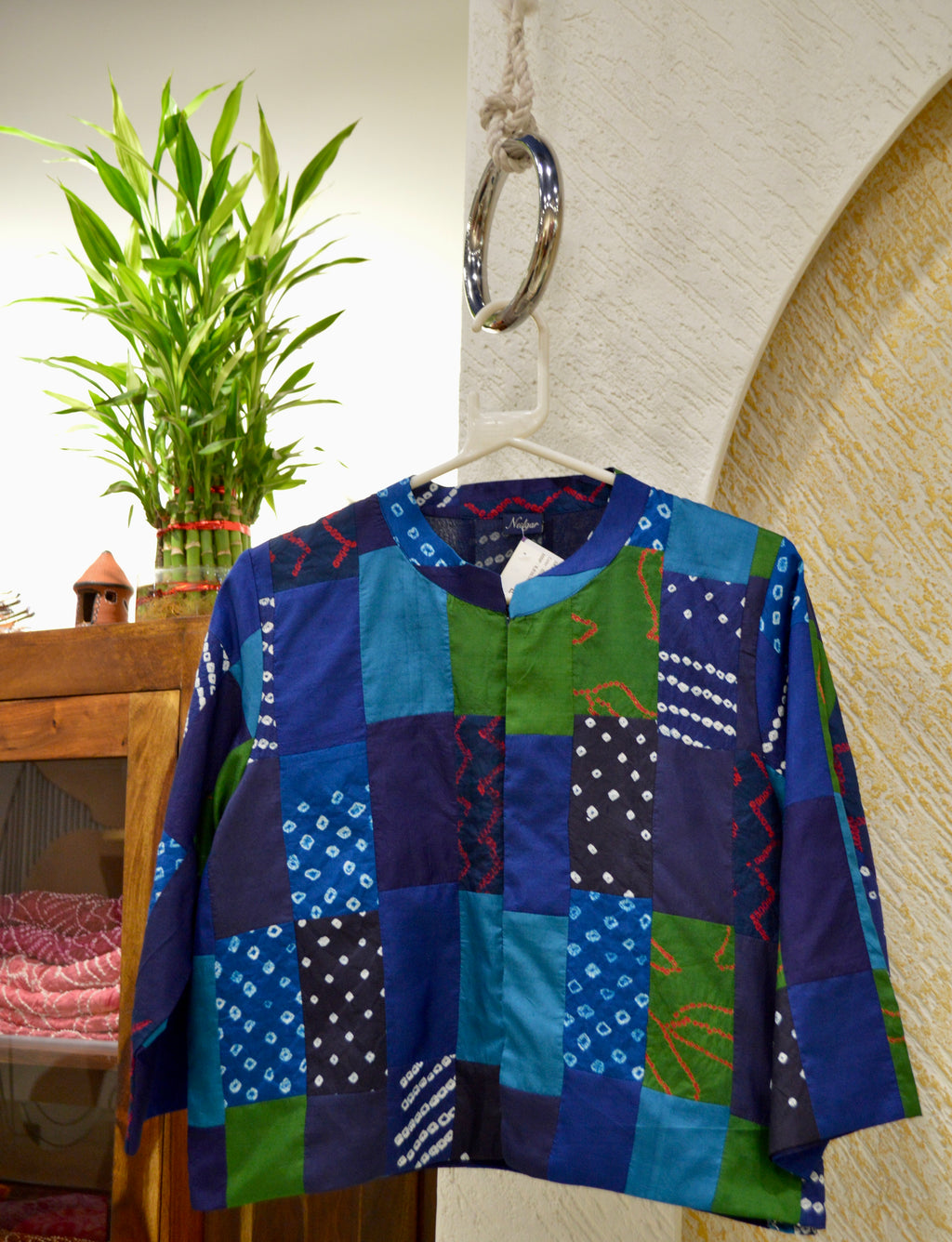 BLUE - GREEN PATCHWORK SILK BLOUSE