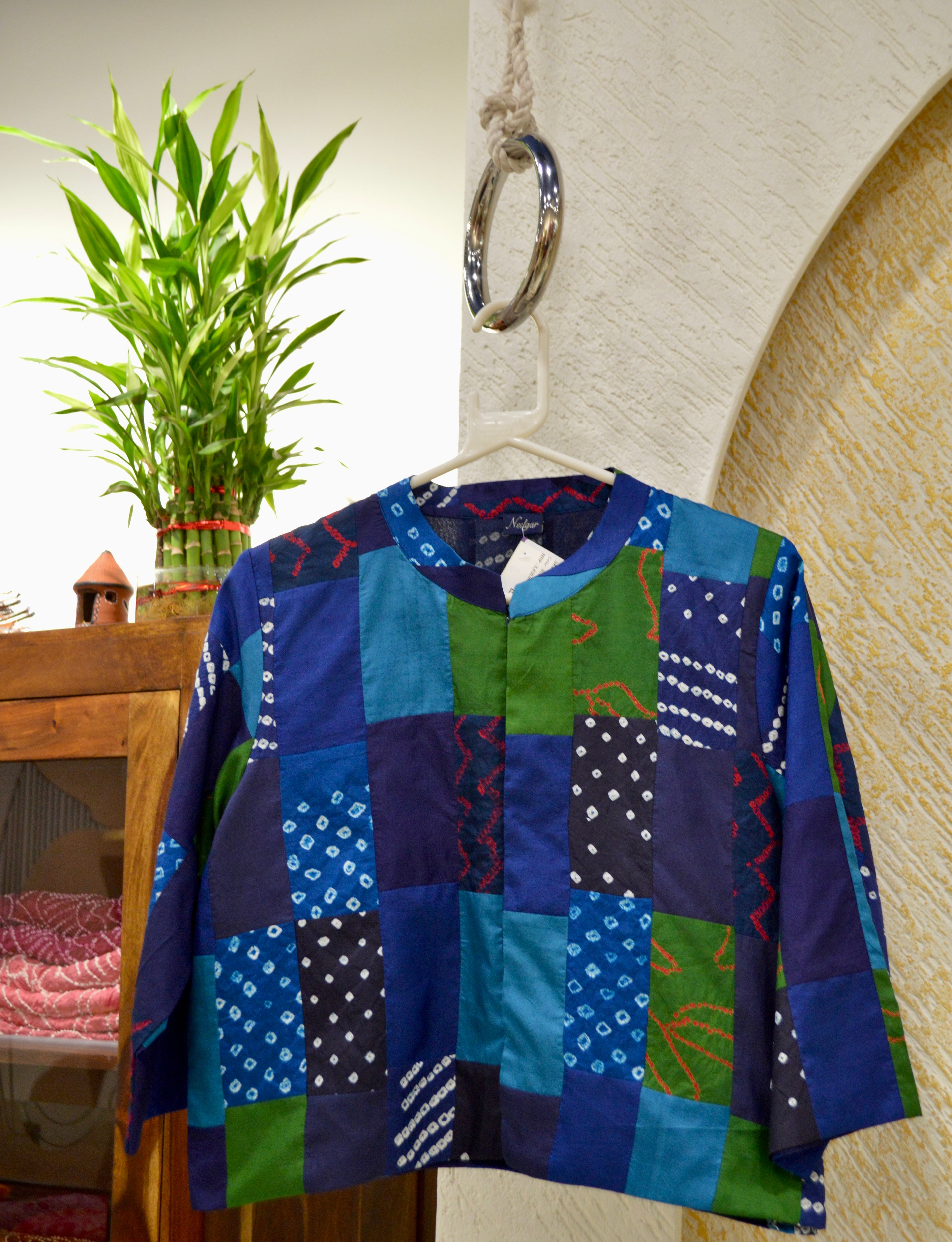 BLUE - GREEN PATCHWORK SILK BLOUSE