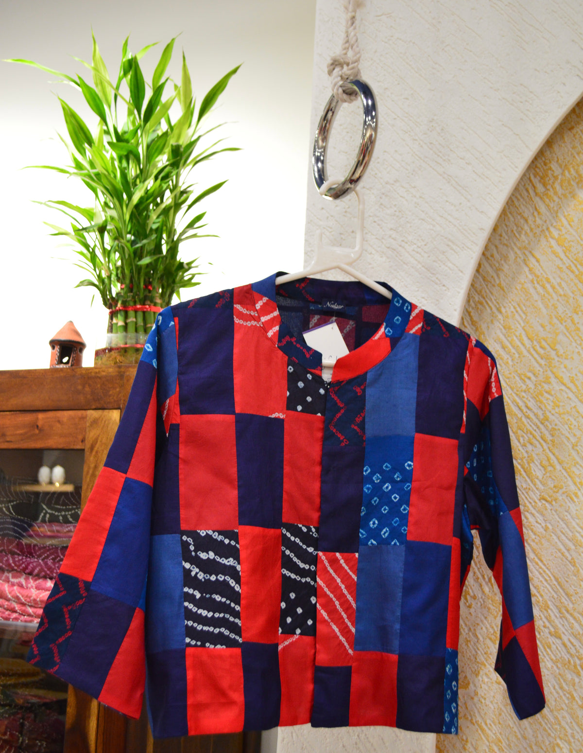 RED-BLUE PATCHWORK SILK BLOUSE