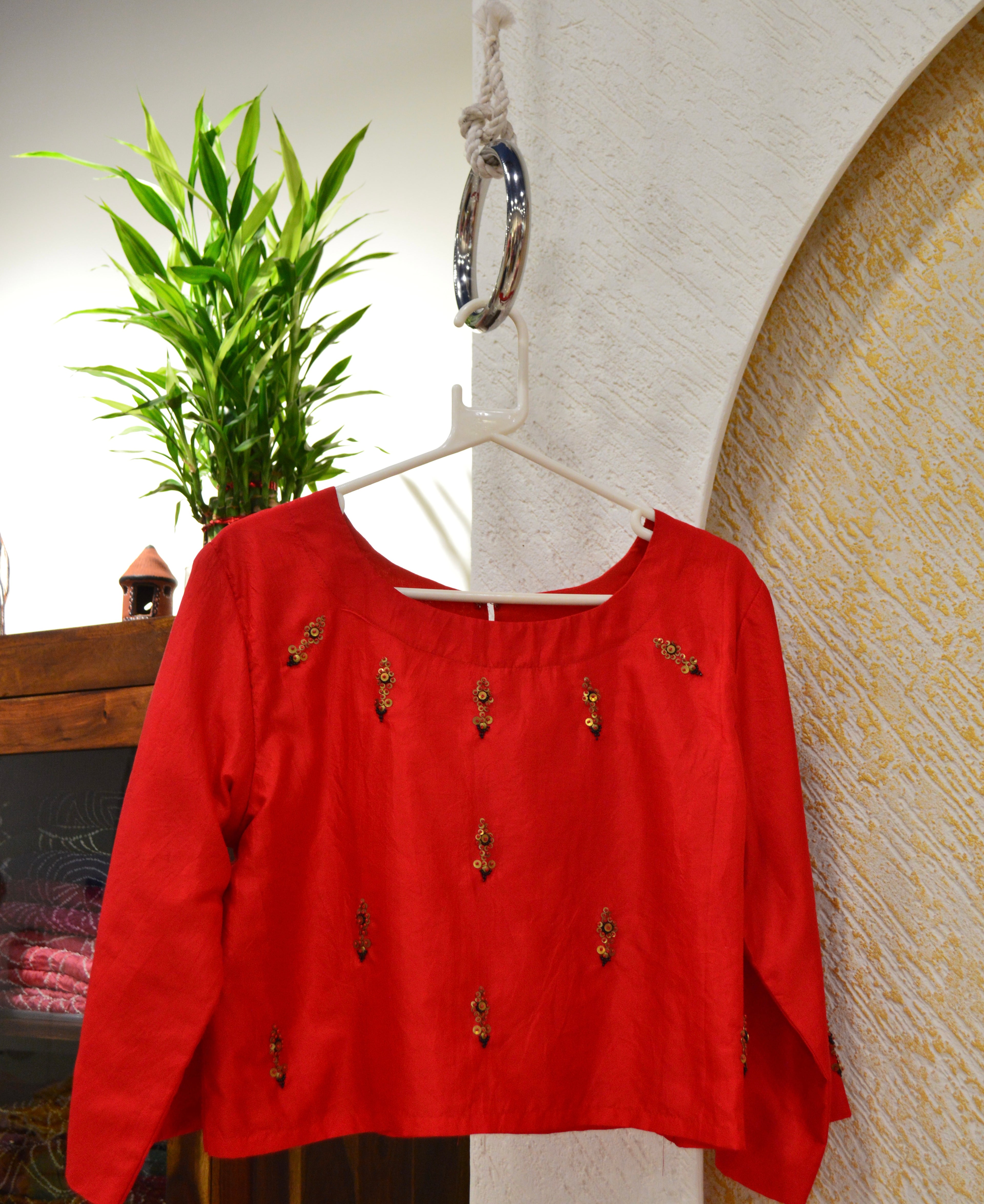 RED EMBROIDERED SILK BLOUSE