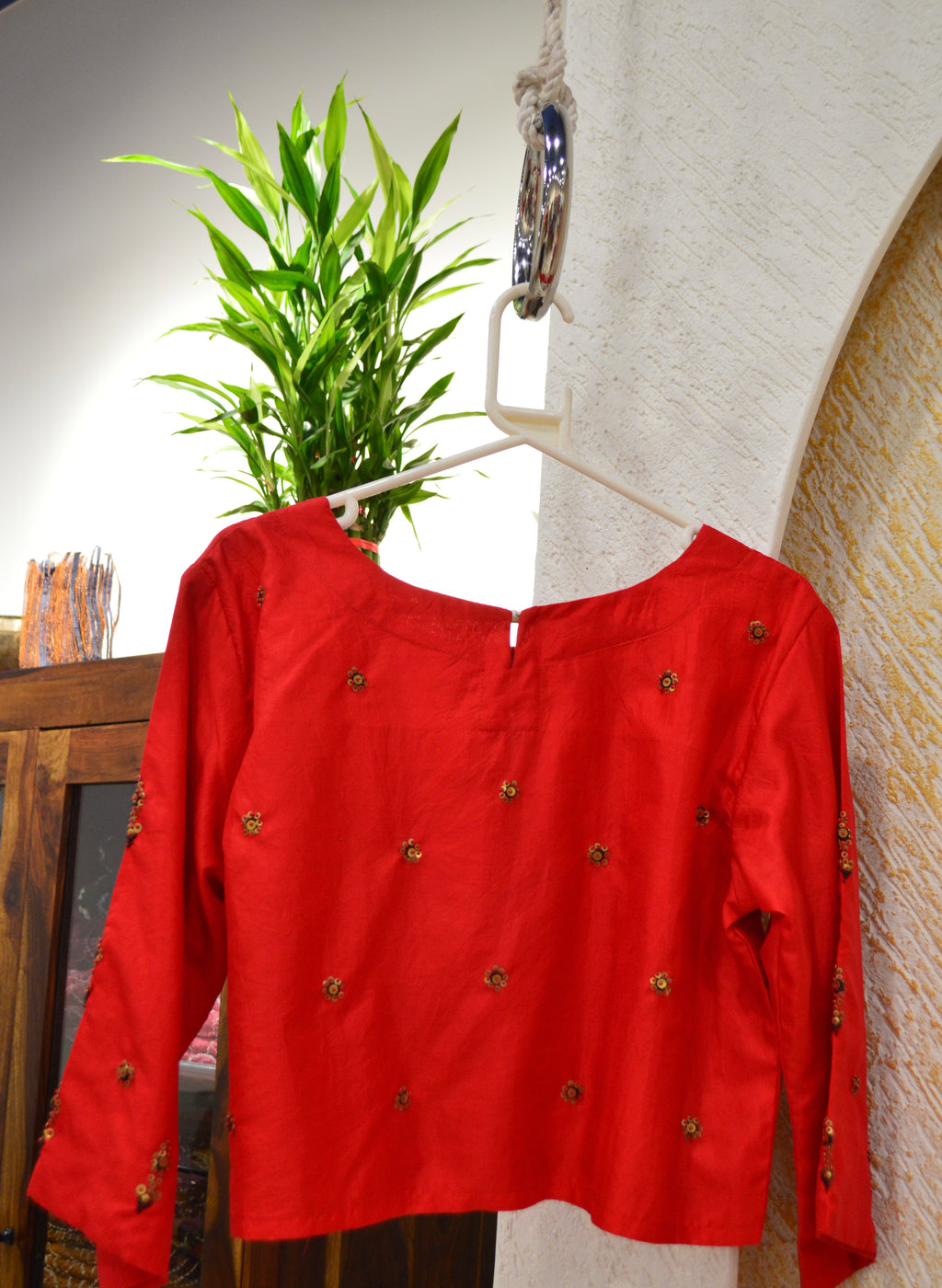 RED EMBROIDERED SILK BLOUSE