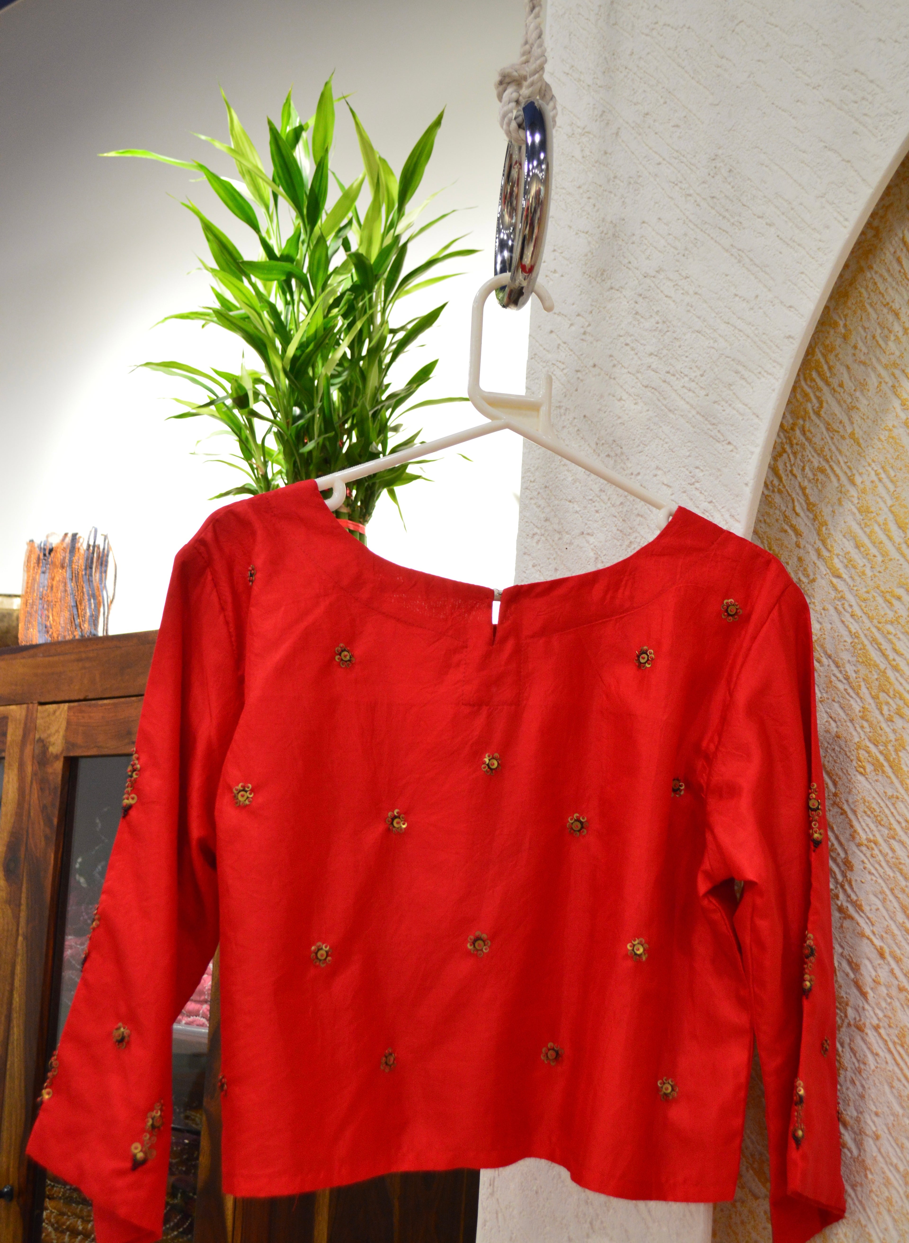 RED EMBROIDERED SILK BLOUSE