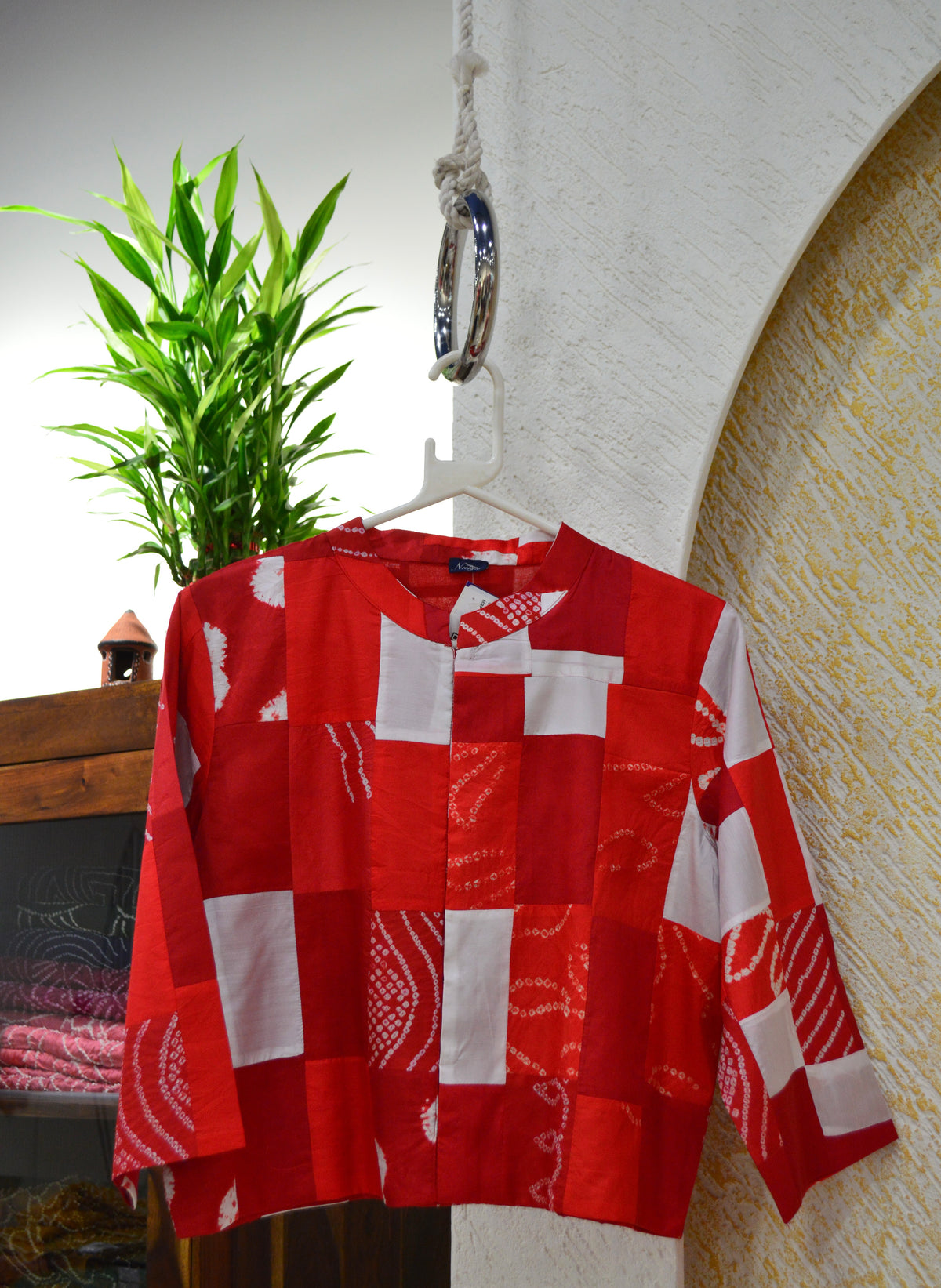 RED-WHITE PATCHWORK SILK BLOUSE