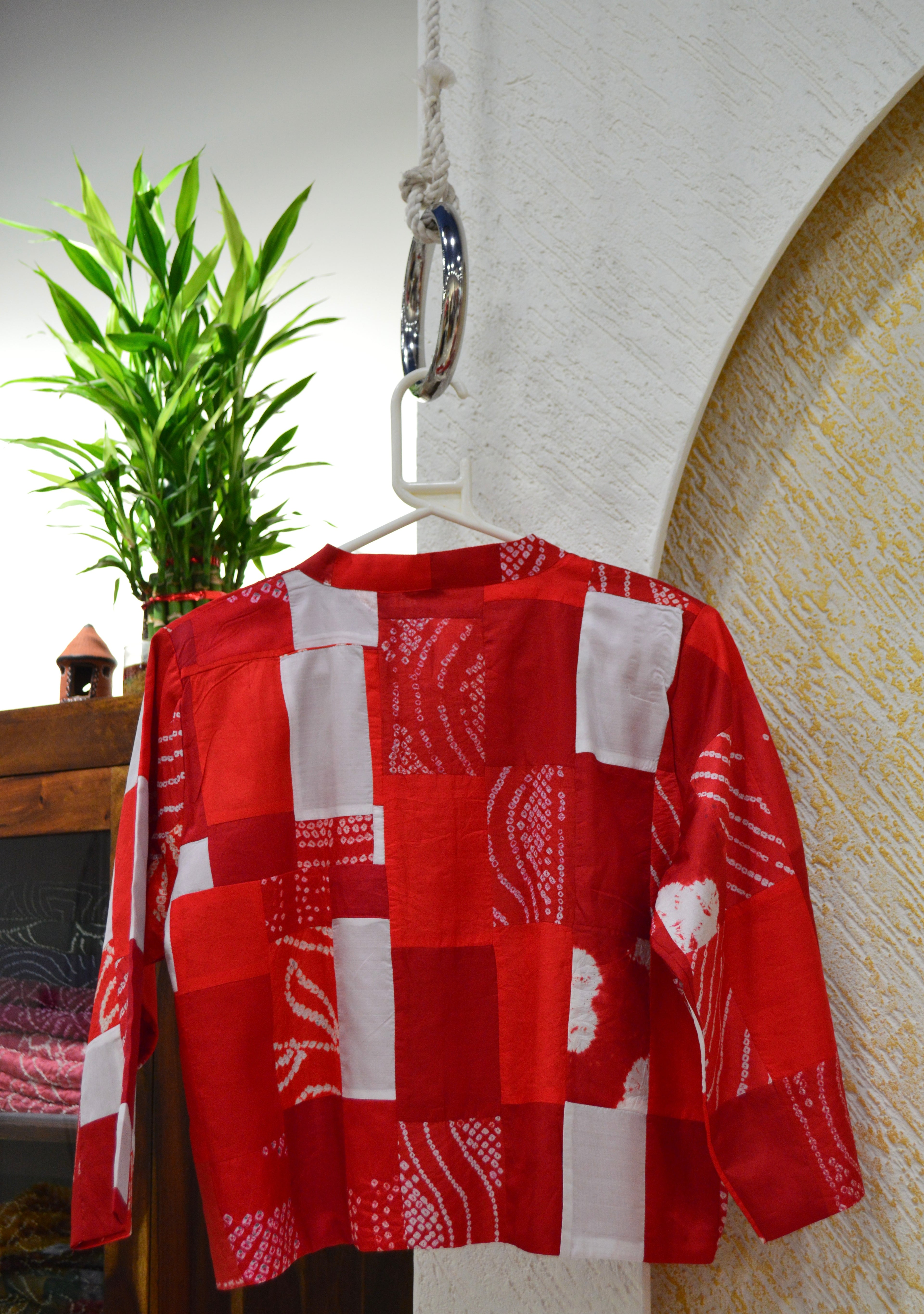 RED-WHITE PATCHWORK SILK BLOUSE