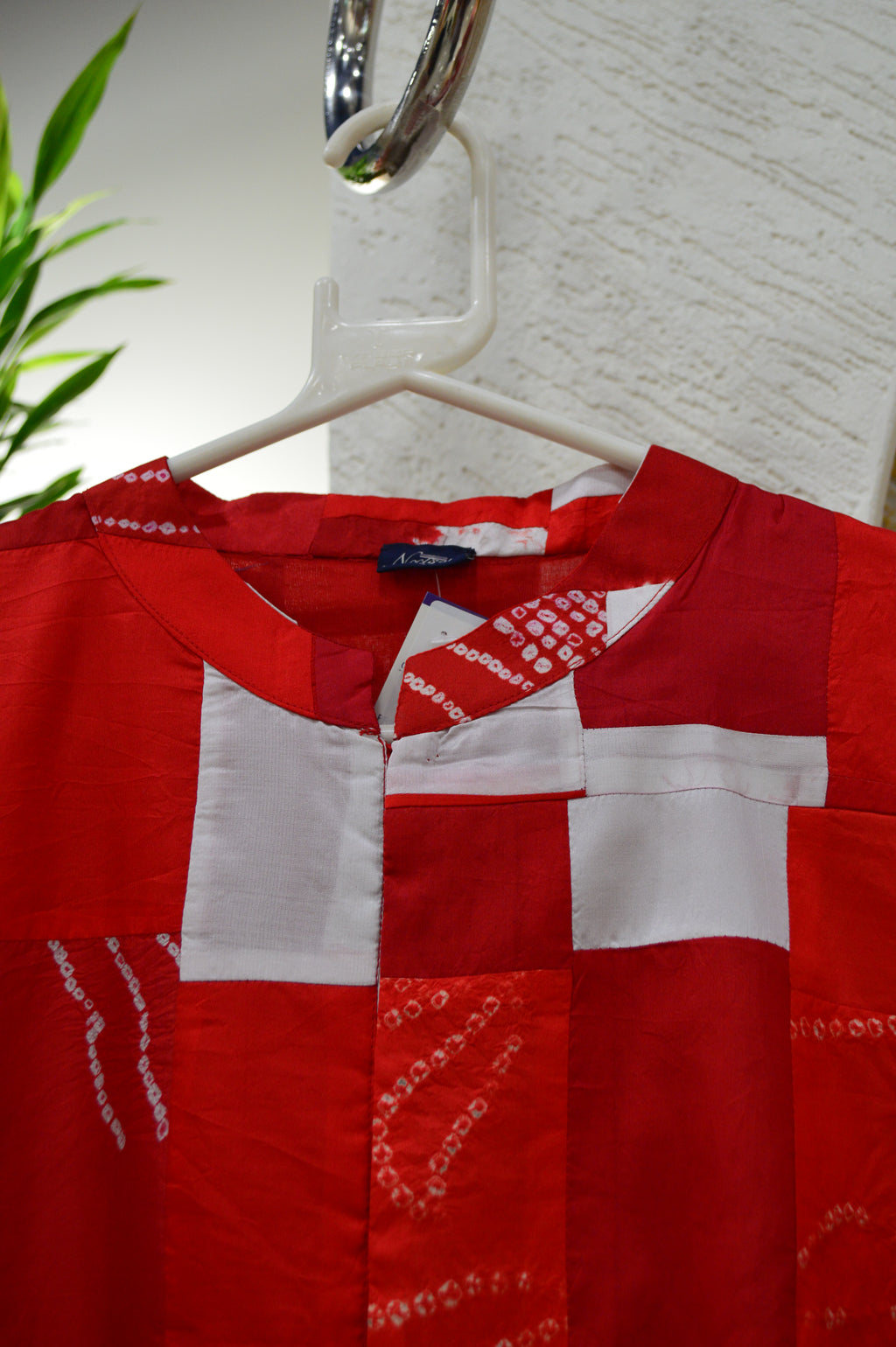 RED-WHITE PATCHWORK SILK BLOUSE