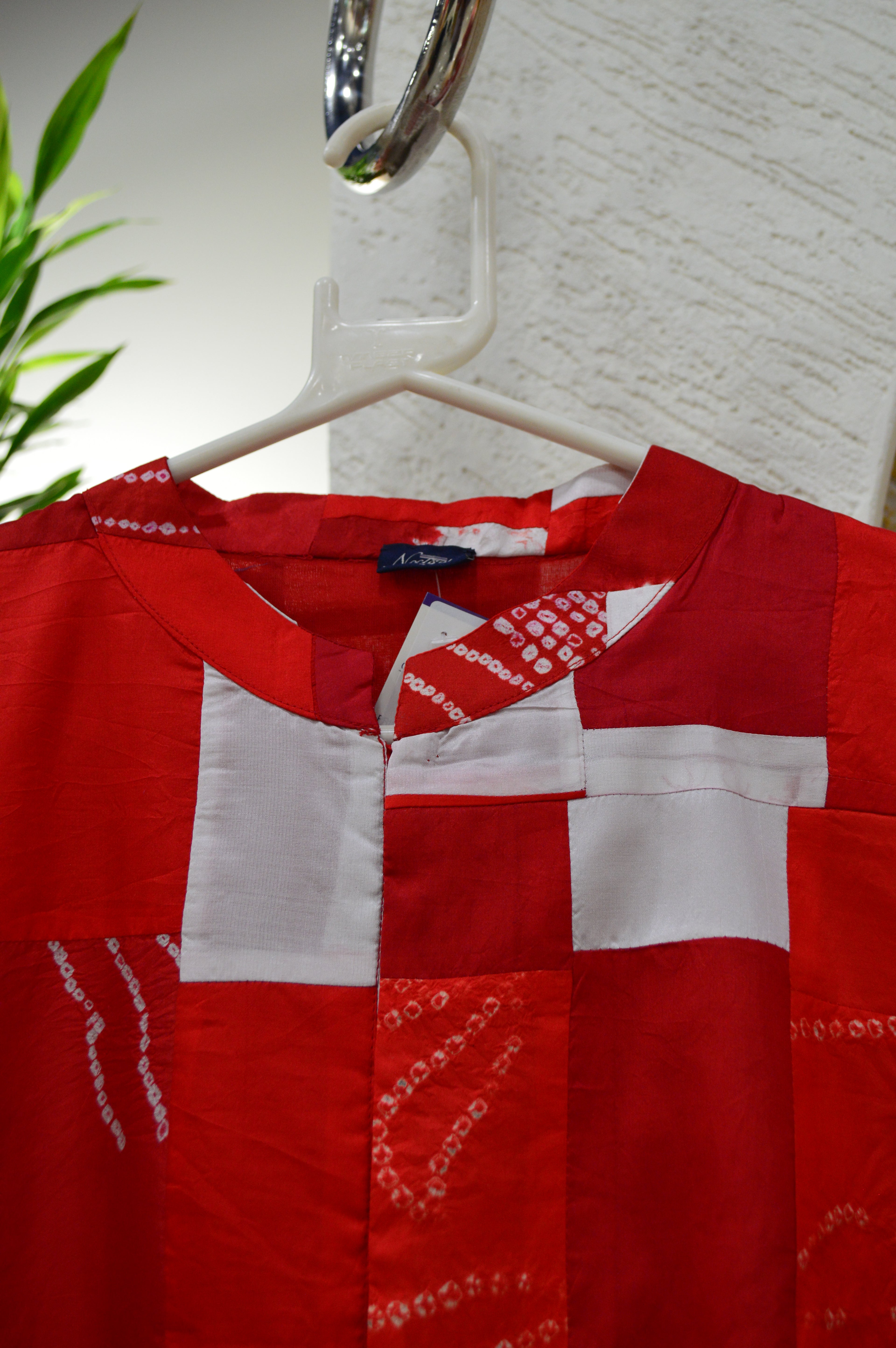 RED-WHITE PATCHWORK SILK BLOUSE