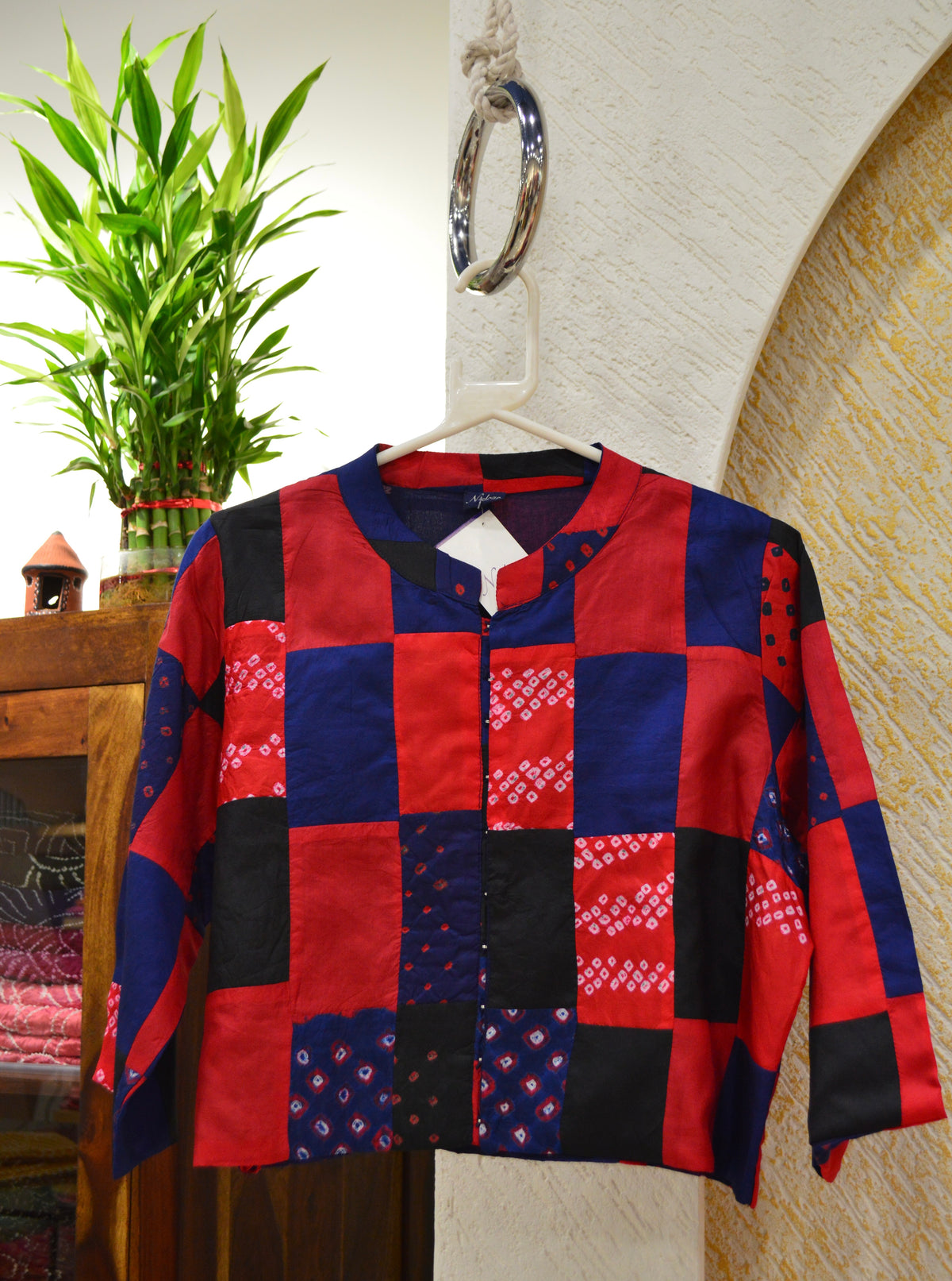 BLUE-RED-BLACK PATCHWORK SILK BLOUSE