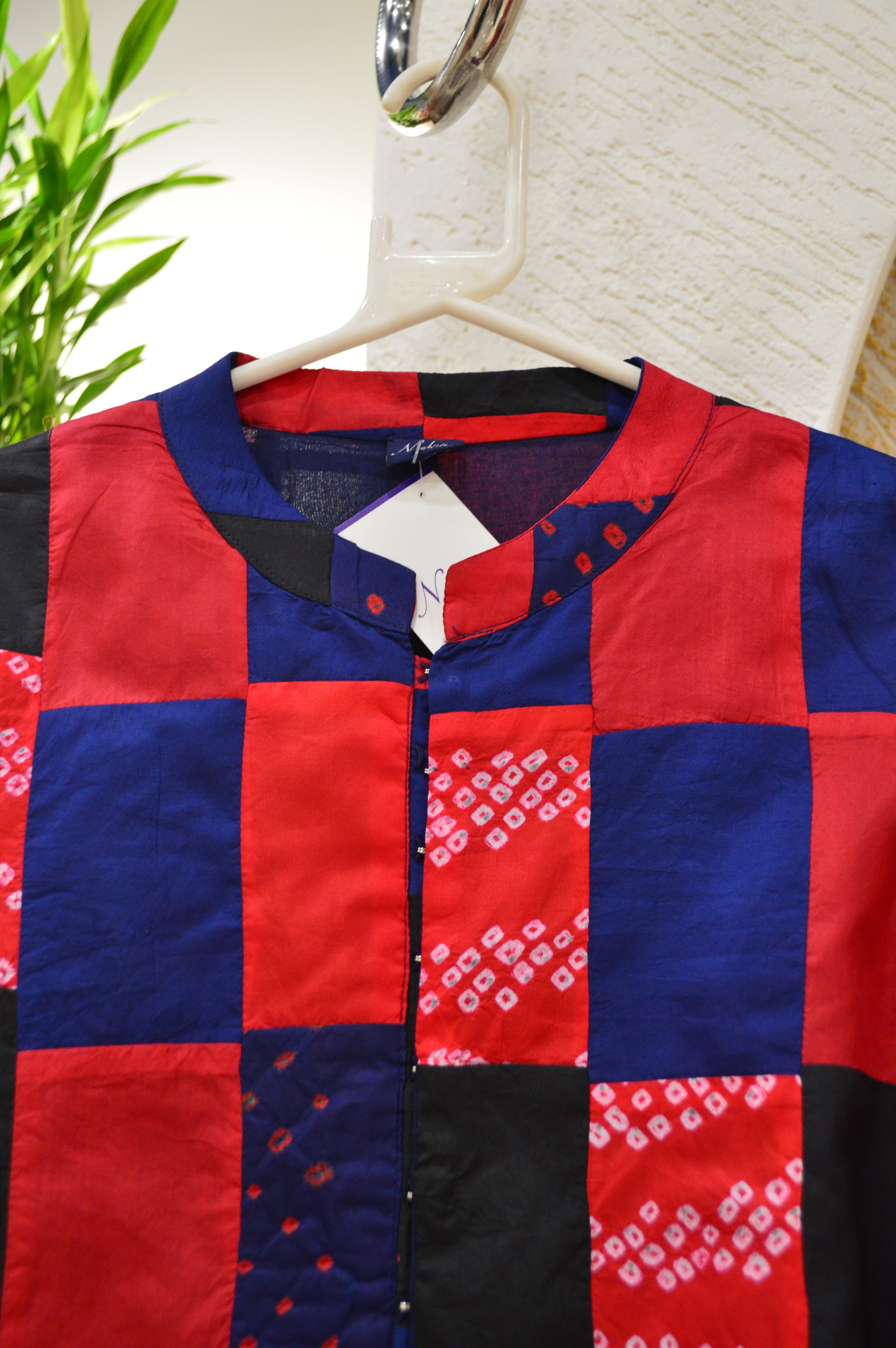 BLUE-RED-BLACK PATCHWORK SILK BLOUSE