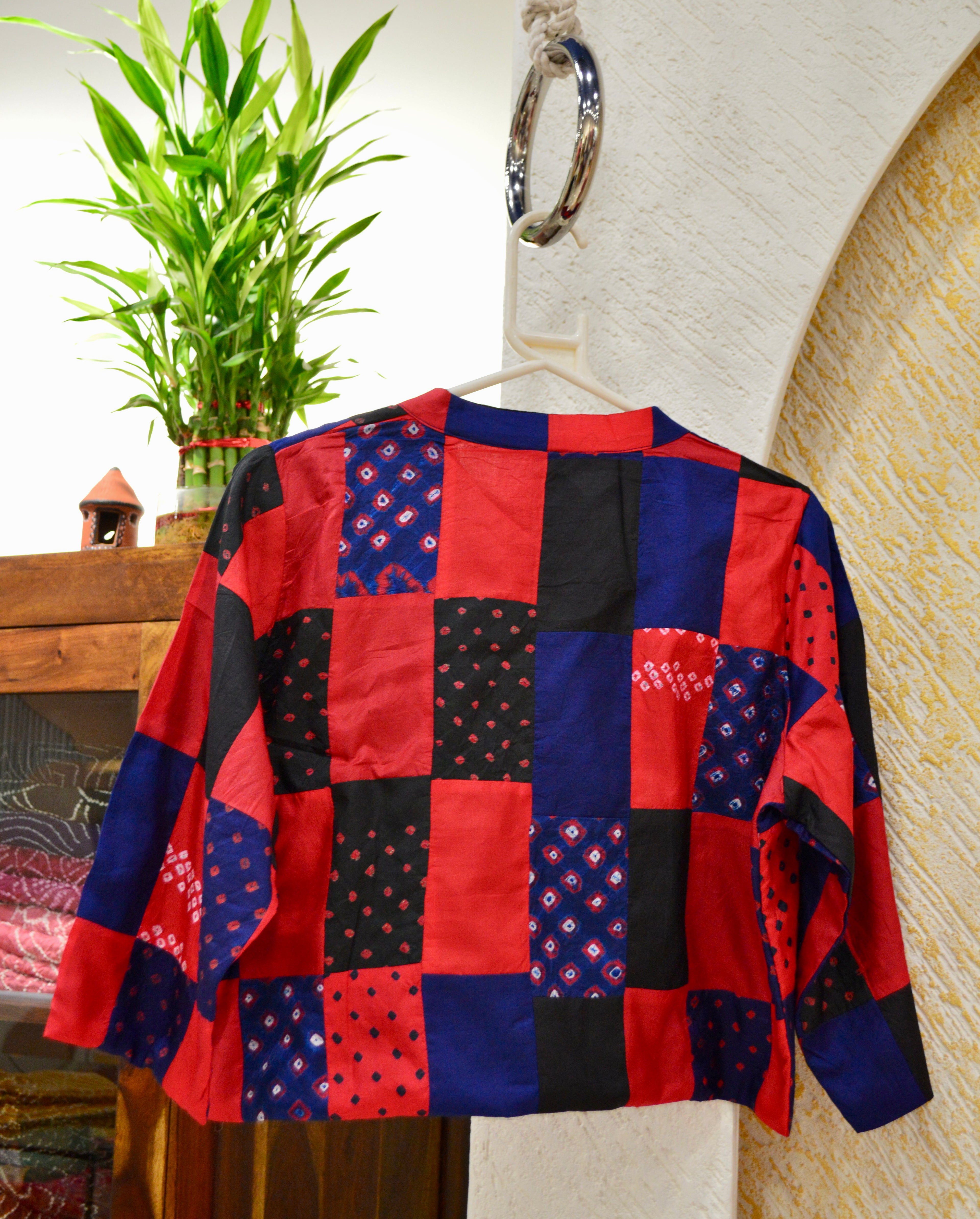 BLUE-RED-BLACK PATCHWORK SILK BLOUSE