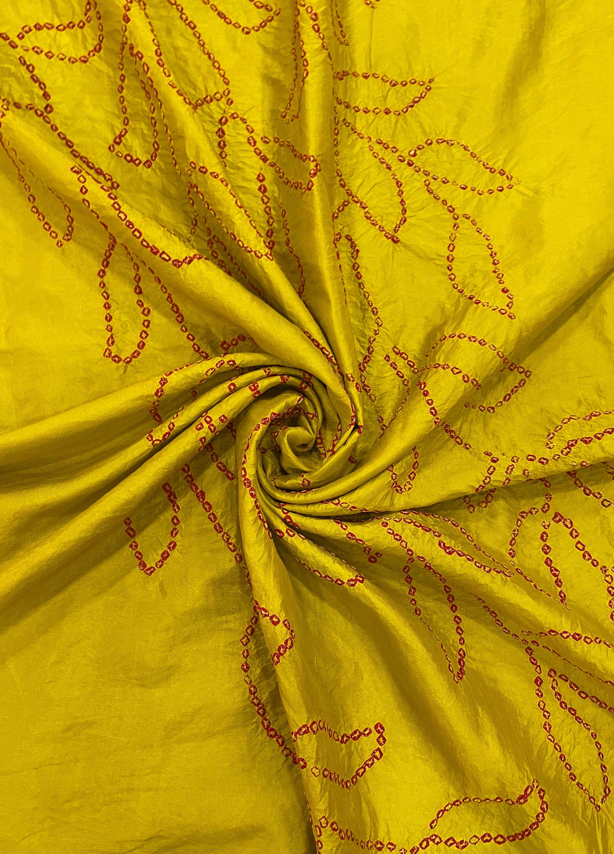 MUSTARD YELLOW CENTRE PANEL LEAF BANDHANI SILK FABRIC