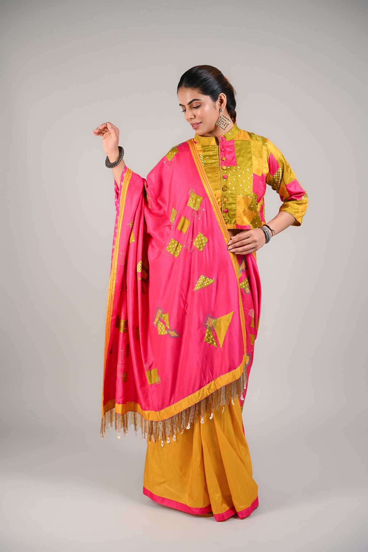 PINK - YELLOW WABI - SABI REVERSIBLE EMBROIDERED SAREE