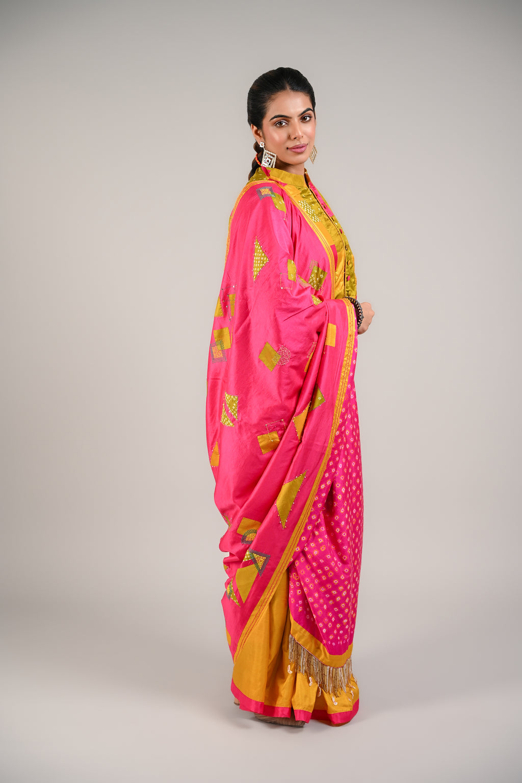 PINK - YELLOW WABI - SABI REVERSIBLE EMBROIDERED SAREE